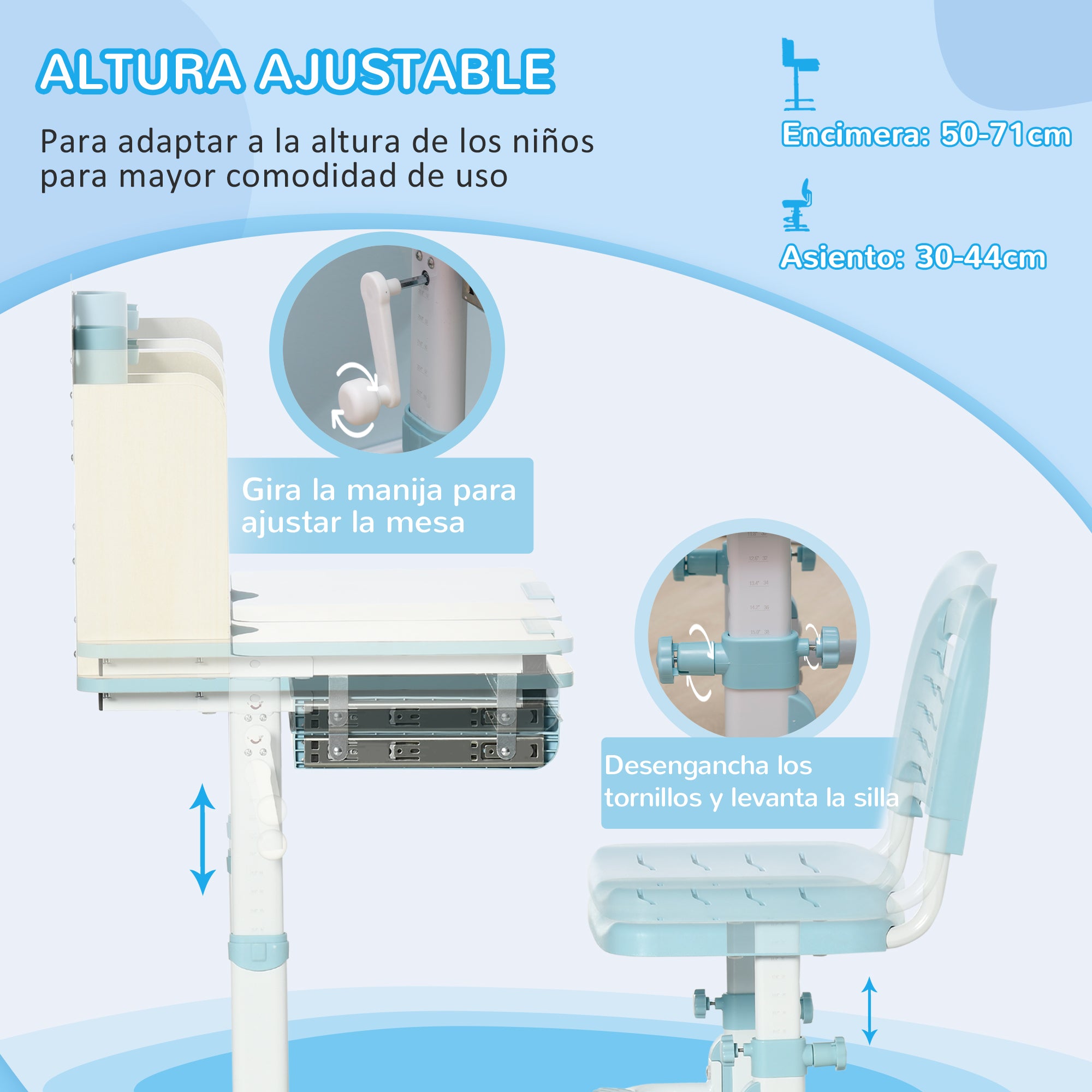 Kids Desk and Chair Set for +3 Years Old with Adjustable Height Children Desk with Tiltable Tabletop Drawer and Bookshelf 80x52x88-109 cm and 35.5x44.5x66-80 cm Blue
