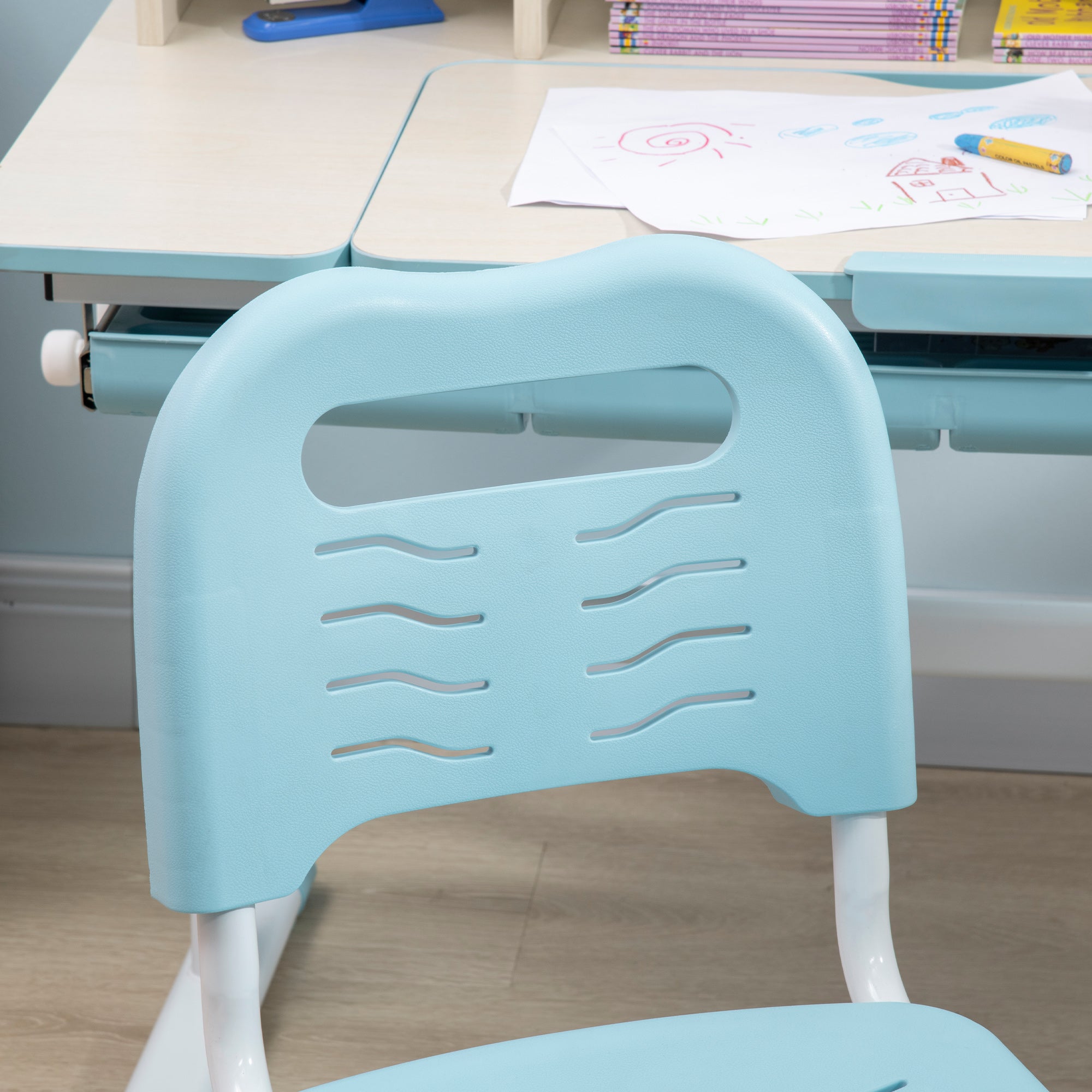 Kids Desk and Chair Set for +3 Years Old with Adjustable Height Children Desk with Tiltable Tabletop Drawer and Bookshelf 80x52x88-109 cm and 35.5x44.5x66-80 cm Blue