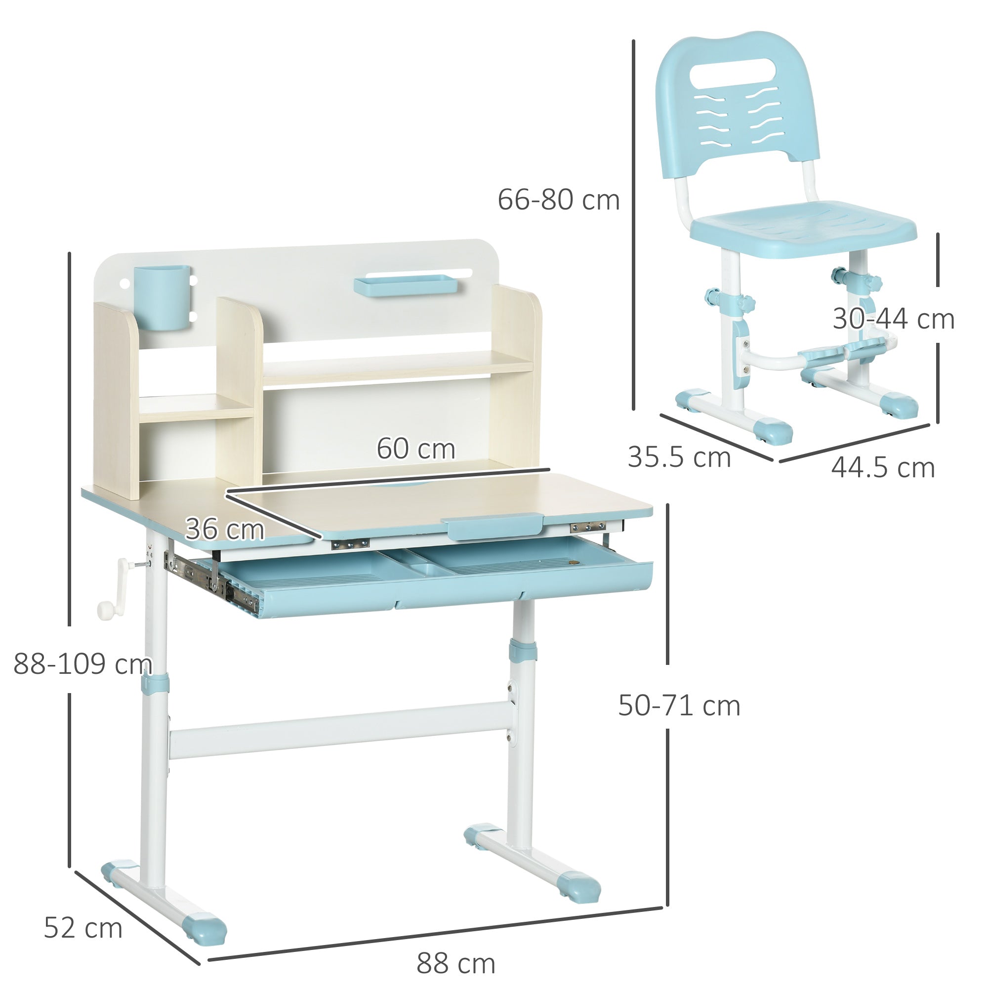 Kids Desk and Chair Set for +3 Years Old with Adjustable Height Children Desk with Tiltable Tabletop Drawer and Bookshelf 80x52x88-109 cm and 35.5x44.5x66-80 cm Blue