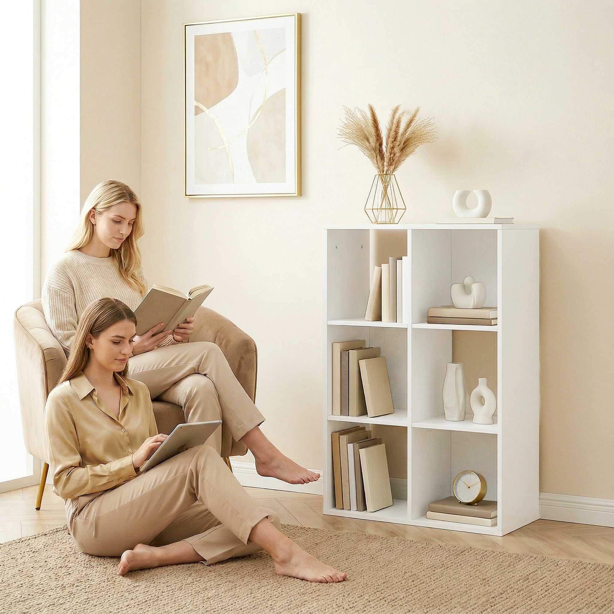 Narrow 3-Tier 6-Cube Bookshelf — Space-Saving Storage with Anti-Tip Strap, White