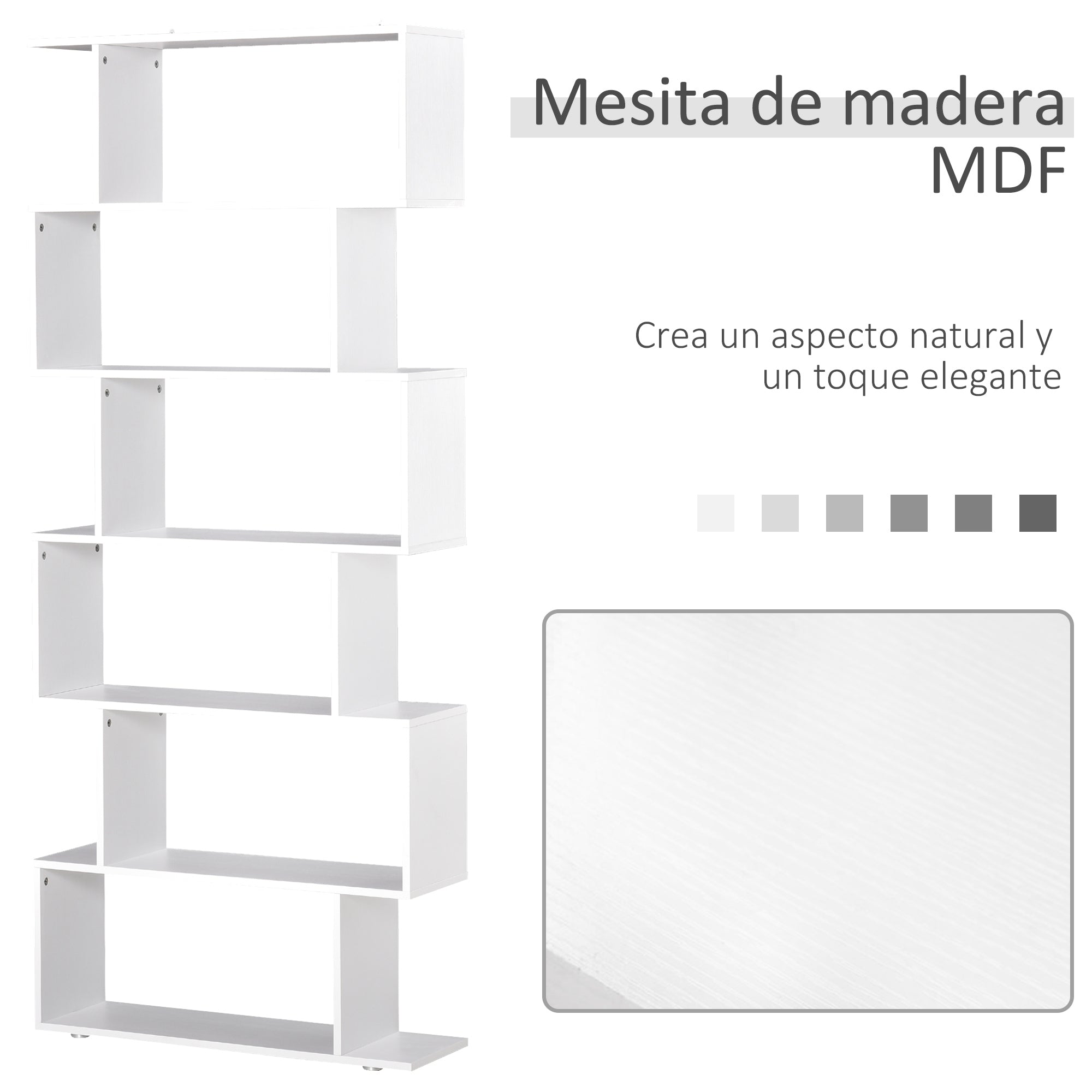 Bookcase Shelf 6 Shelves Wood S Shape 80x24x191 cm Shelves White