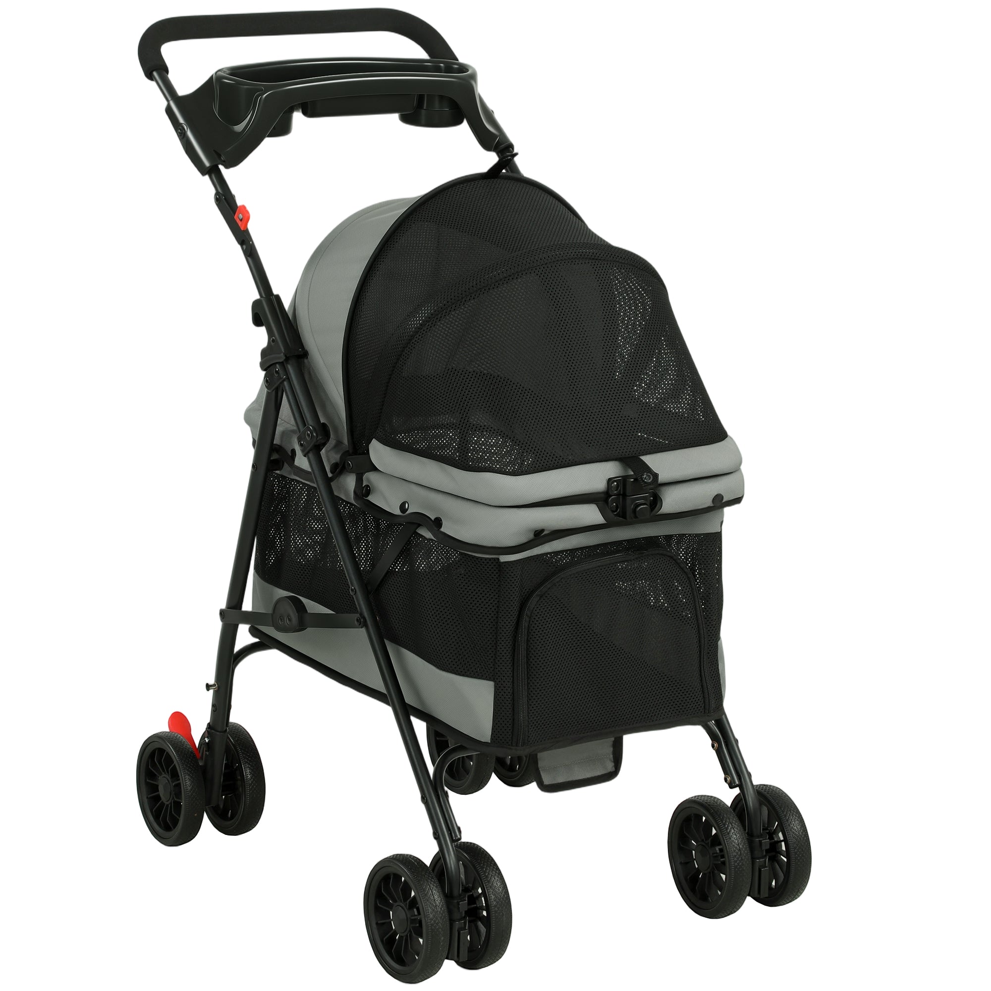 Foldable Pet Stroller for Small Dogs & Cats, Up to 22 lb (10 kg), Lightweight 4-Wheel EVA with Swivel Front & Brakes, Breathable Mesh, Washable Cushion, Tray & Cup Holder, Gray