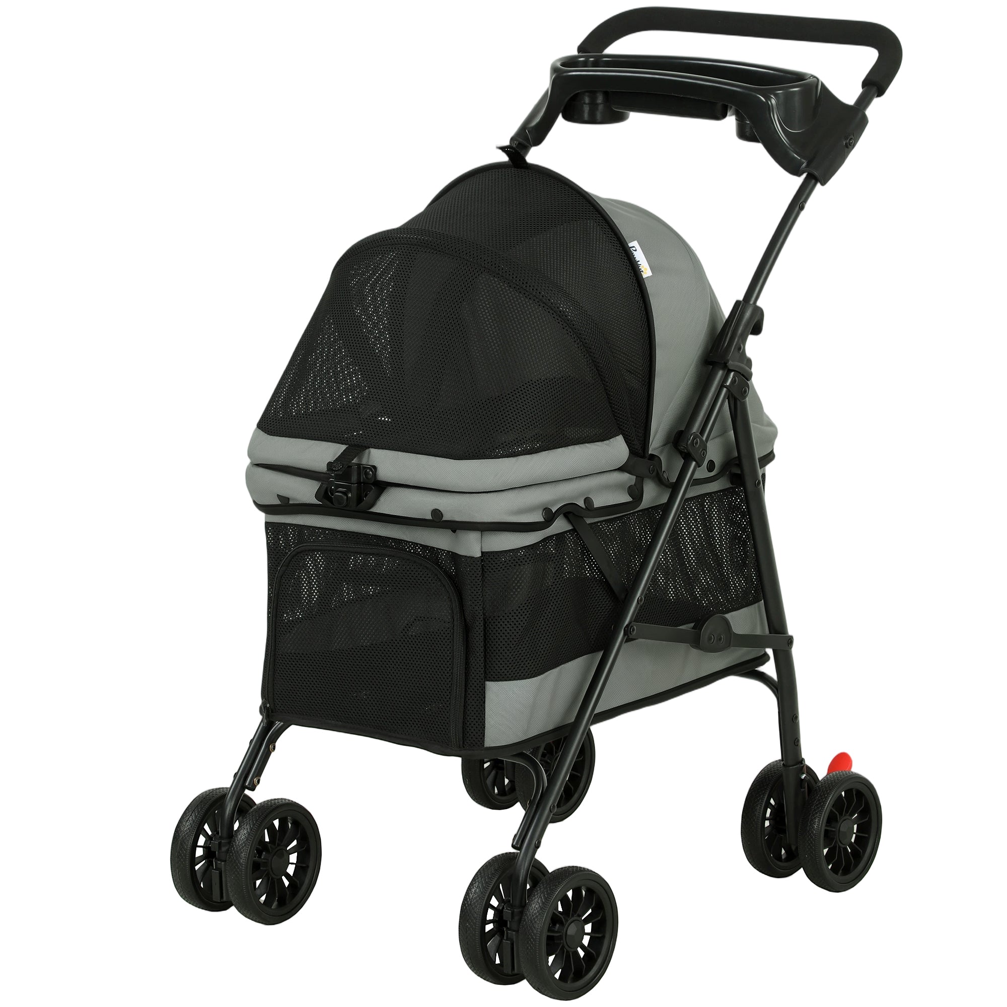 Foldable Pet Stroller for Small Dogs & Cats, Up to 22 lb (10 kg), Lightweight 4-Wheel EVA with Swivel Front & Brakes, Breathable Mesh, Washable Cushion, Tray & Cup Holder, Gray