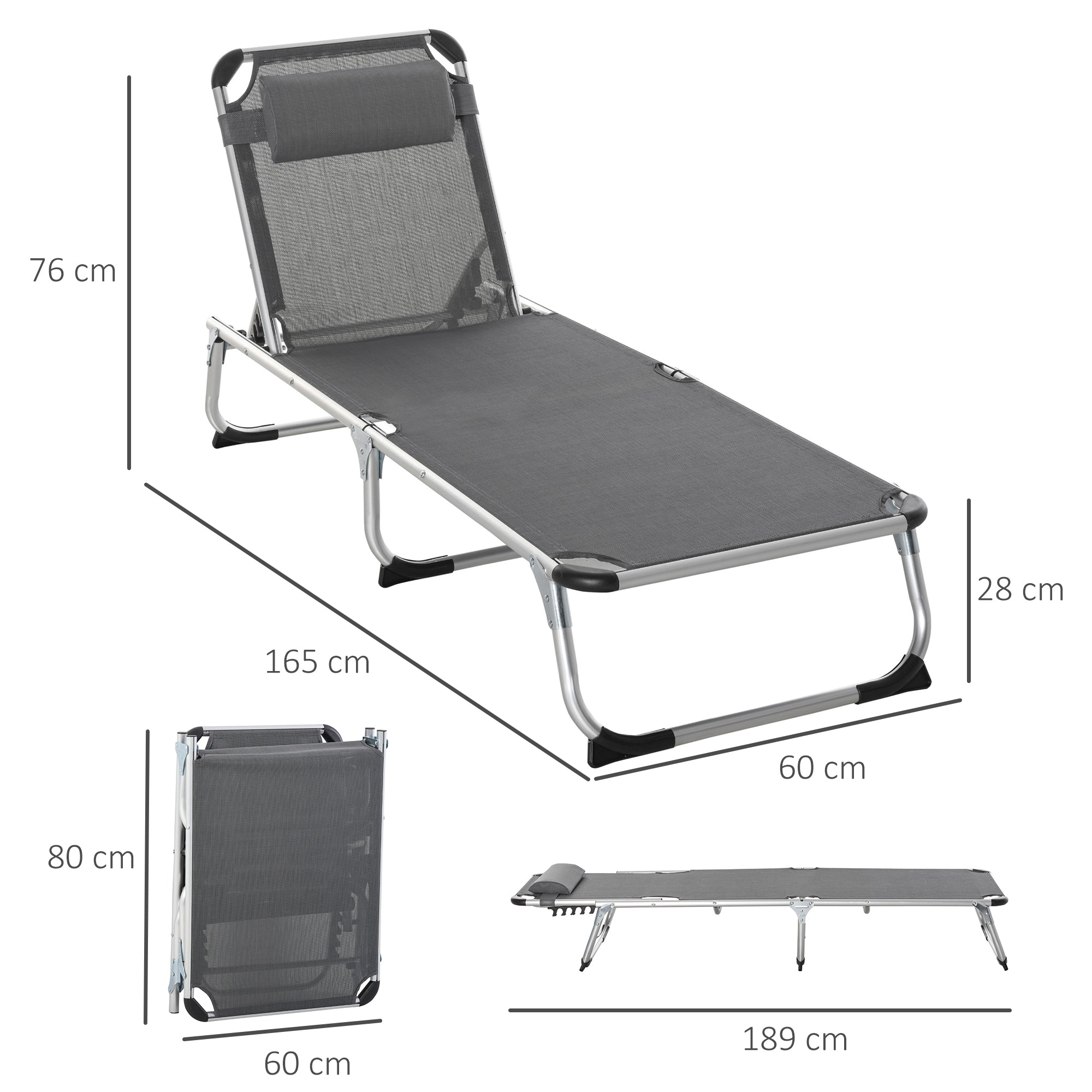 Folding Sun Lounger Garden Lounger with Pillow Recliner with 4 Adjustable Backrest Camping Lounger up to 120 kg Load Capacity for Outdoor Park, Garden, Gray