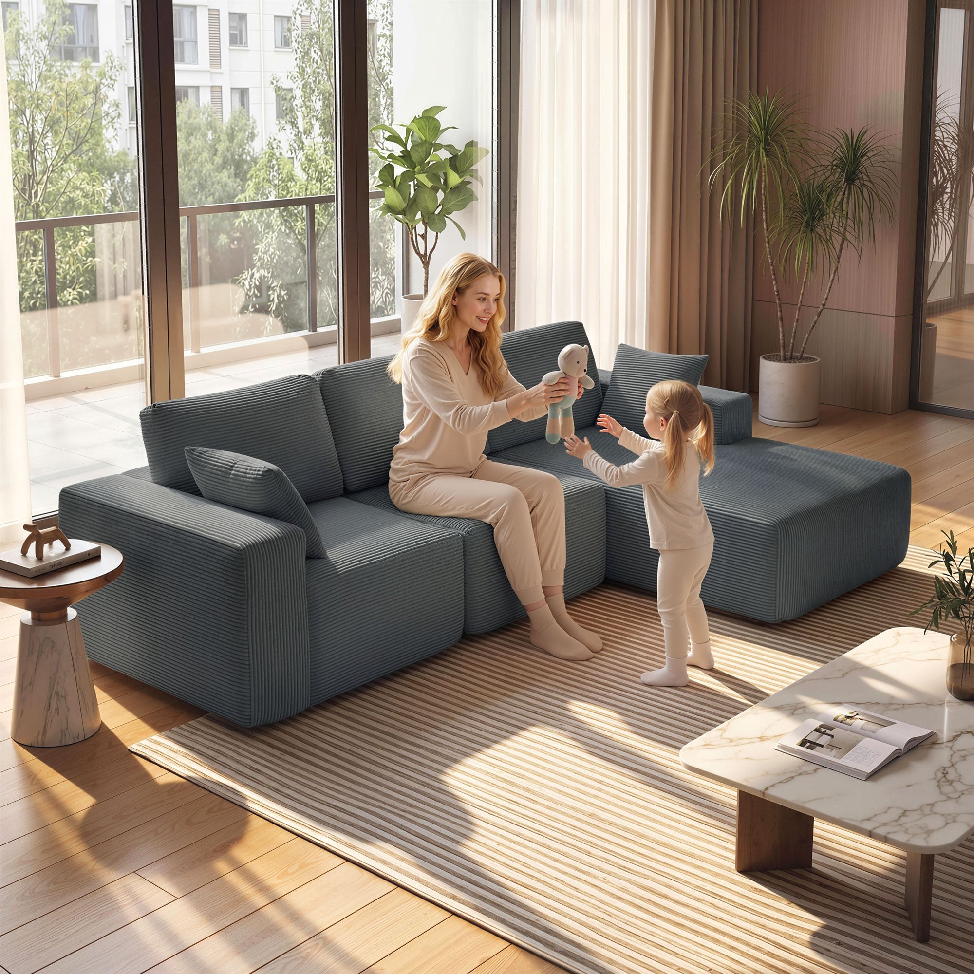 Corner Sofa with Sleeper Function, L-Shaped 267 cm Deep-Seat 3-Seater 2-in-1 Sectional with Cushions, Corduroy-Look, Dark Gray