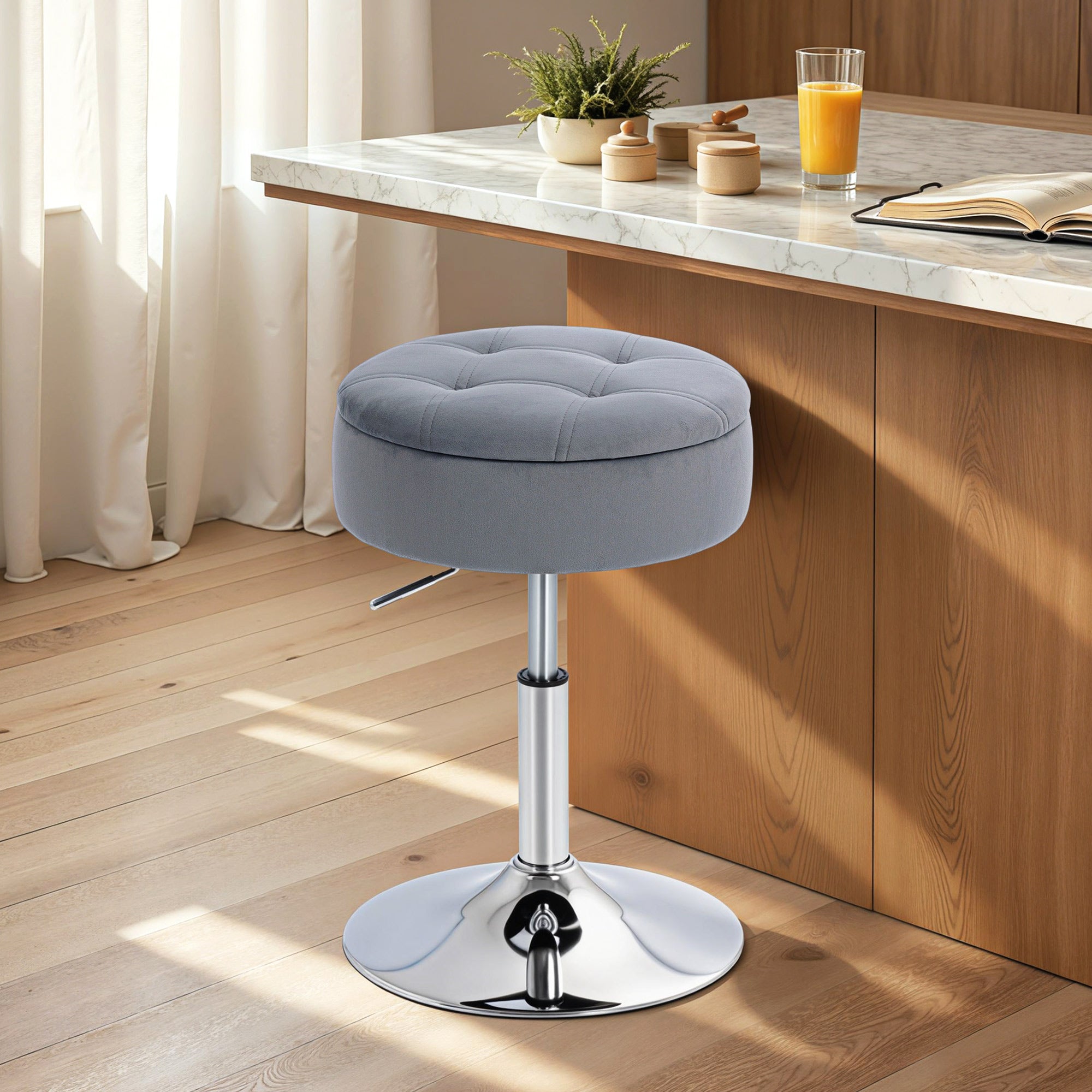 Velvet Bar Stool with Hidden Storage, Swivel & Height Adjustable Counter Stool, Gray