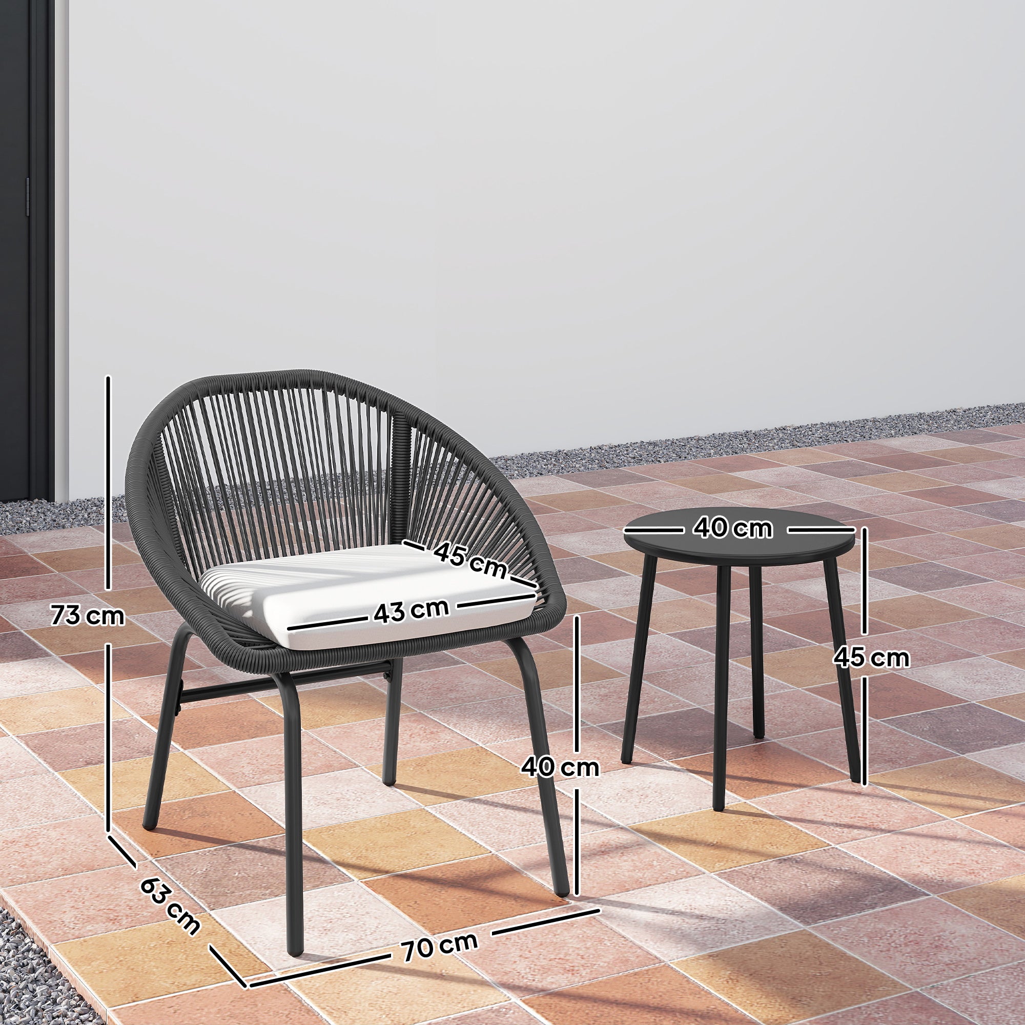 3-piece garden set for 2 people with soft seat cushions with black resin wicker and epoxy steel