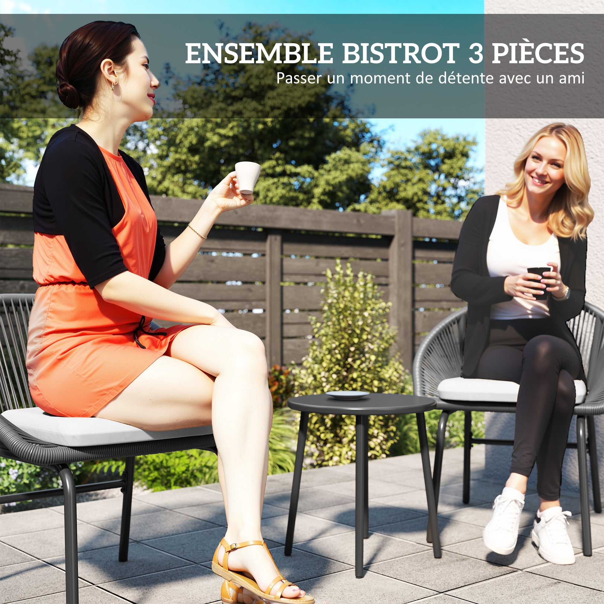 3-piece garden set for 2 people with soft seat cushions with black resin wicker and epoxy steel
