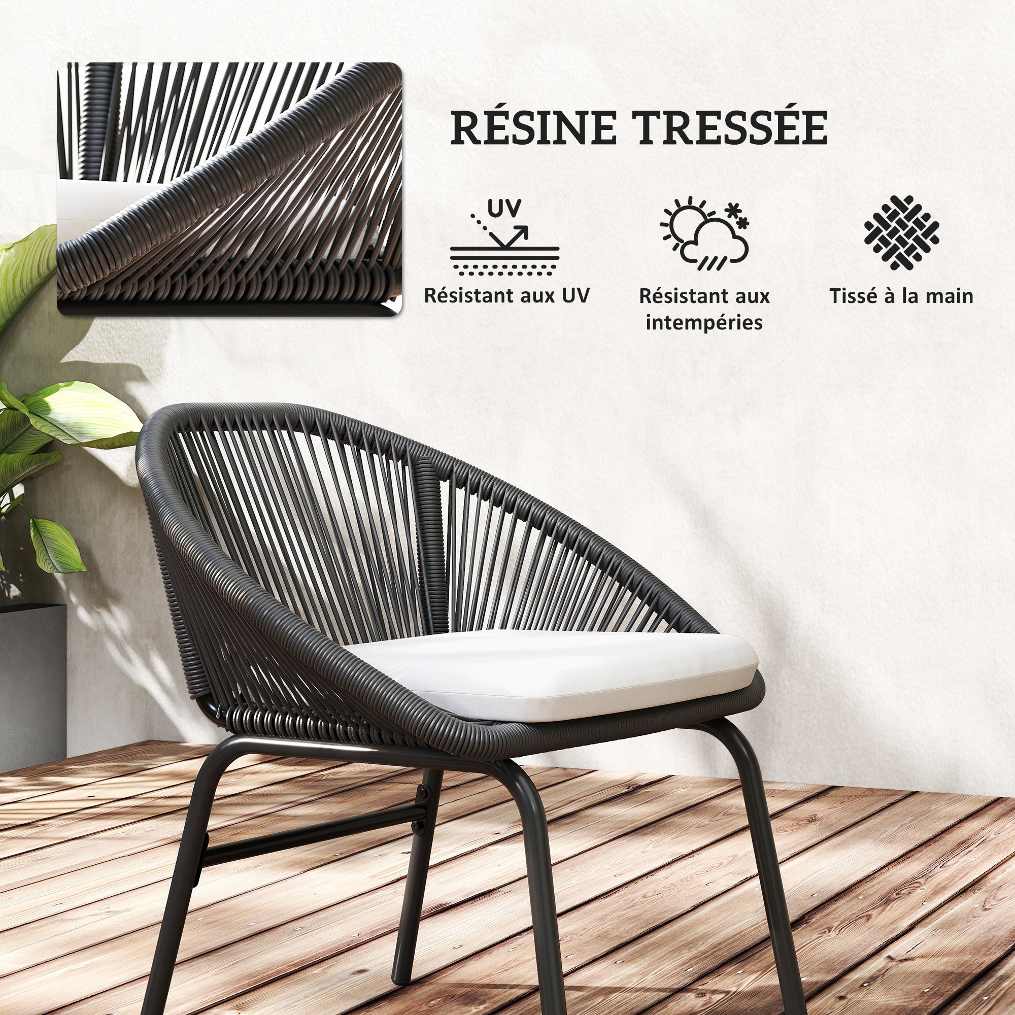 3-piece garden set for 2 people with soft seat cushions with black resin wicker and epoxy steel