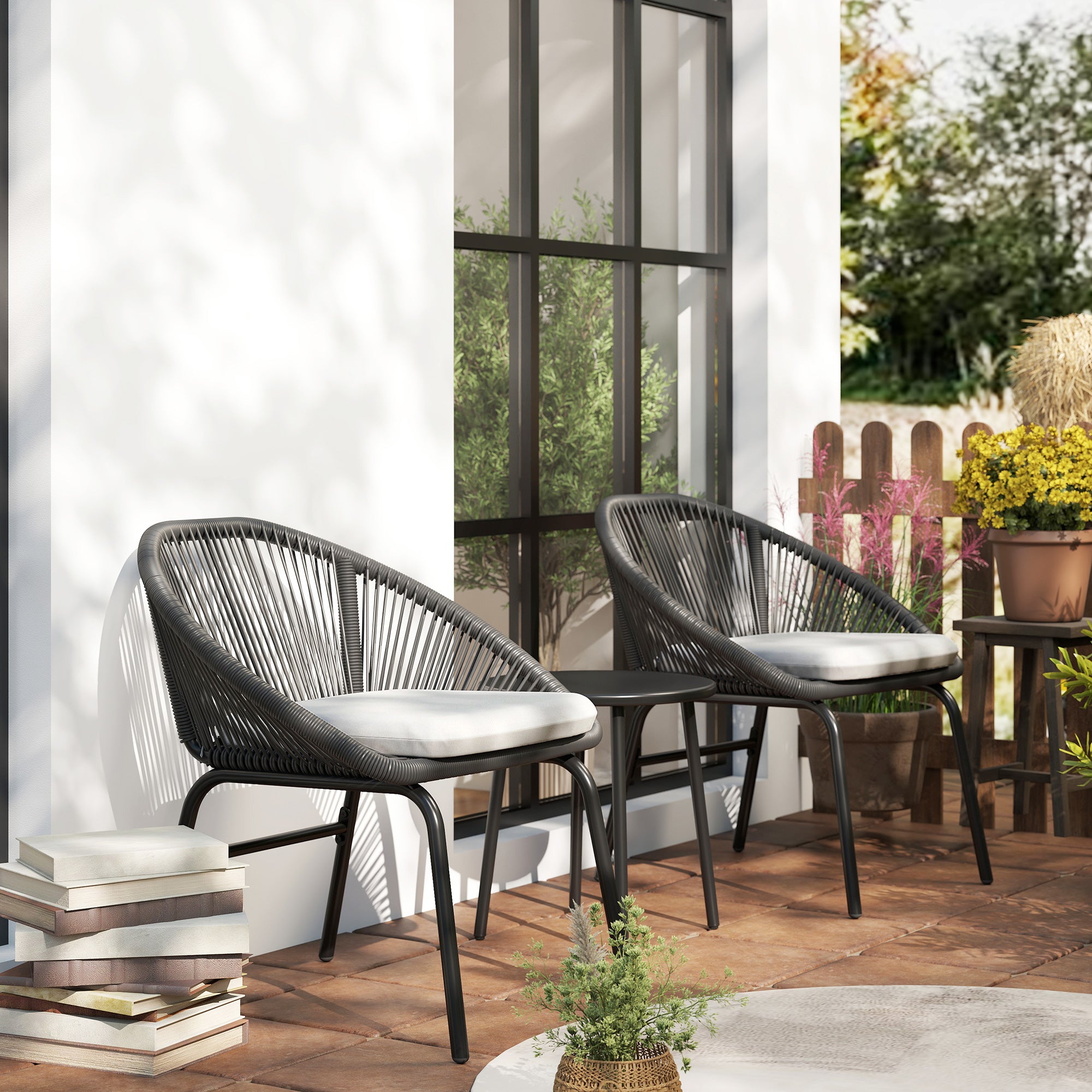 3-piece garden set for 2 people with soft seat cushions with black resin wicker and epoxy steel