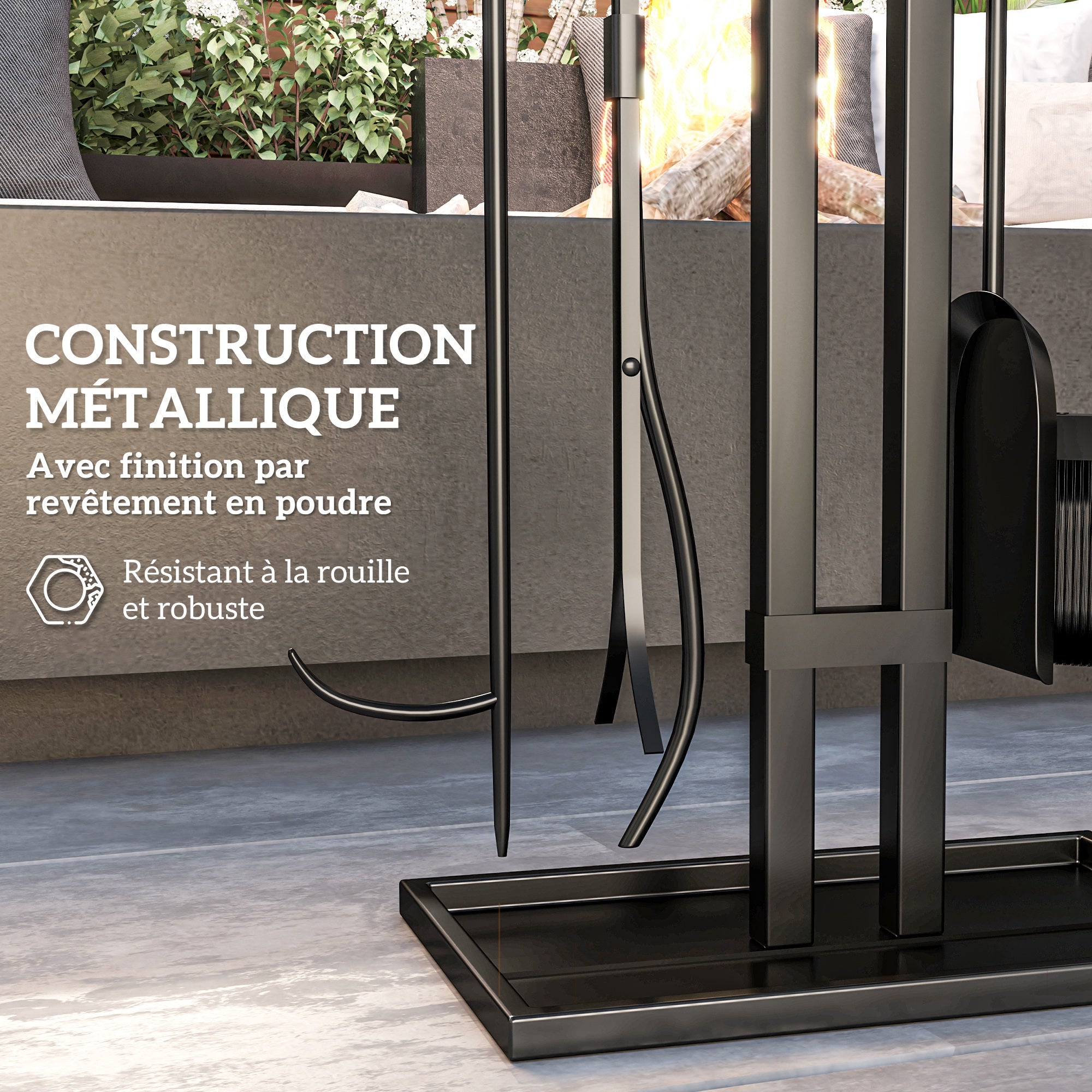 5-Piece Fireplace Companion Set, Fireplace Tool Set, Metal Fireplace Accessories, with Broom, Shovel, Tongs, Poker, and Stand, Black