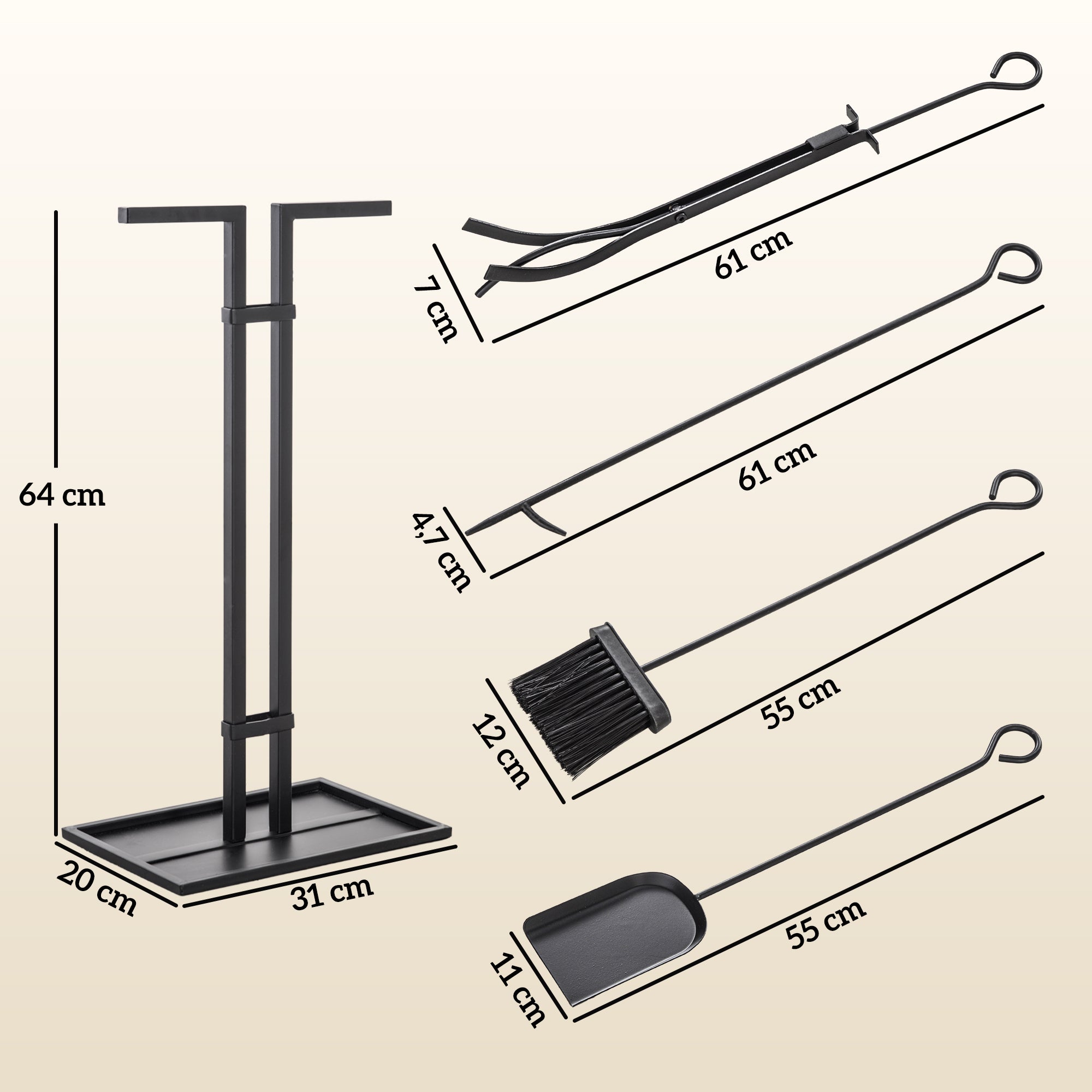 5-Piece Fireplace Companion Set, Fireplace Tool Set, Metal Fireplace Accessories, with Broom, Shovel, Tongs, Poker, and Stand, Black