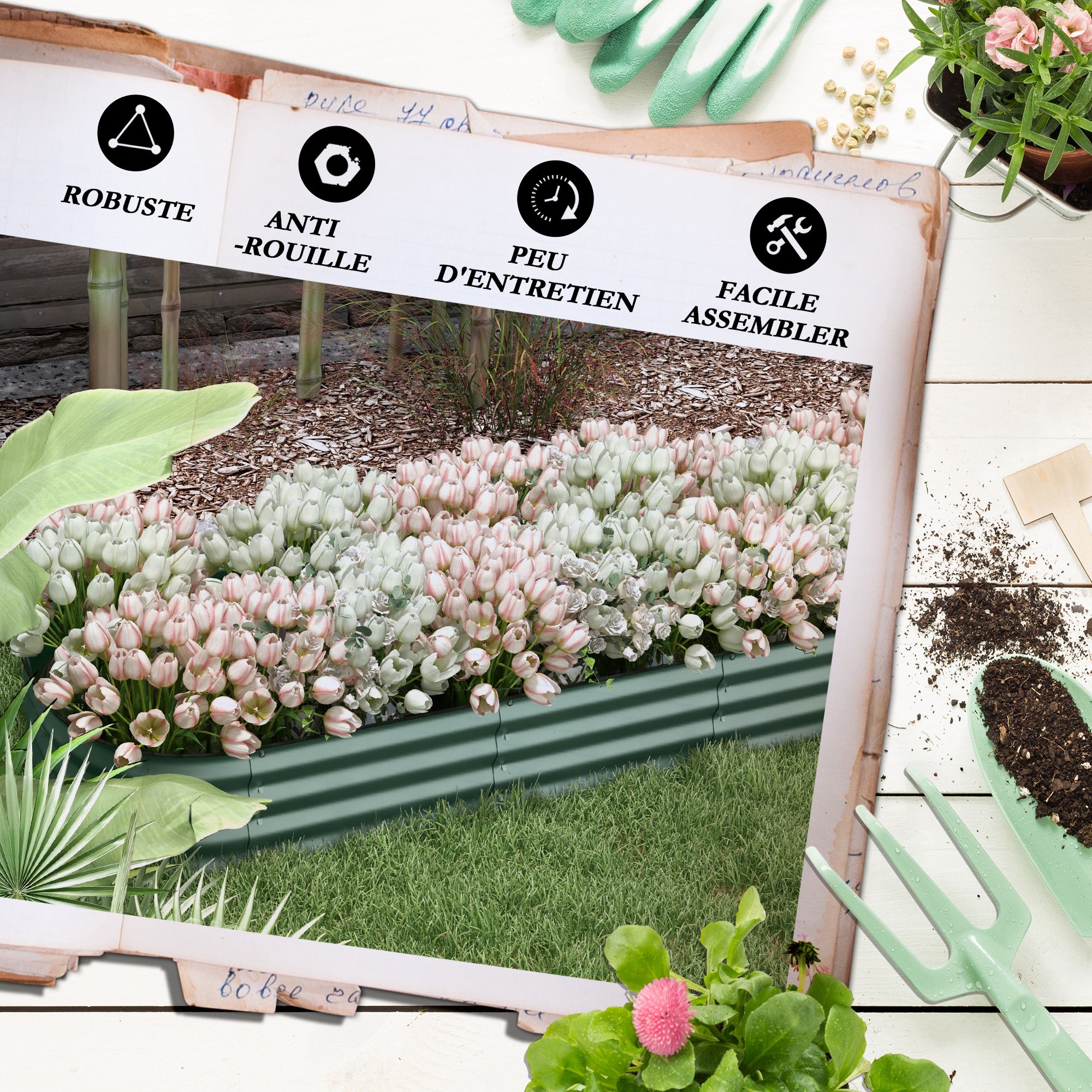 Raised Square Garden Planter Box in Modular Steel for Vegetables, Plants, Flowers, dim. 240 x 62 x 30 cm, Green