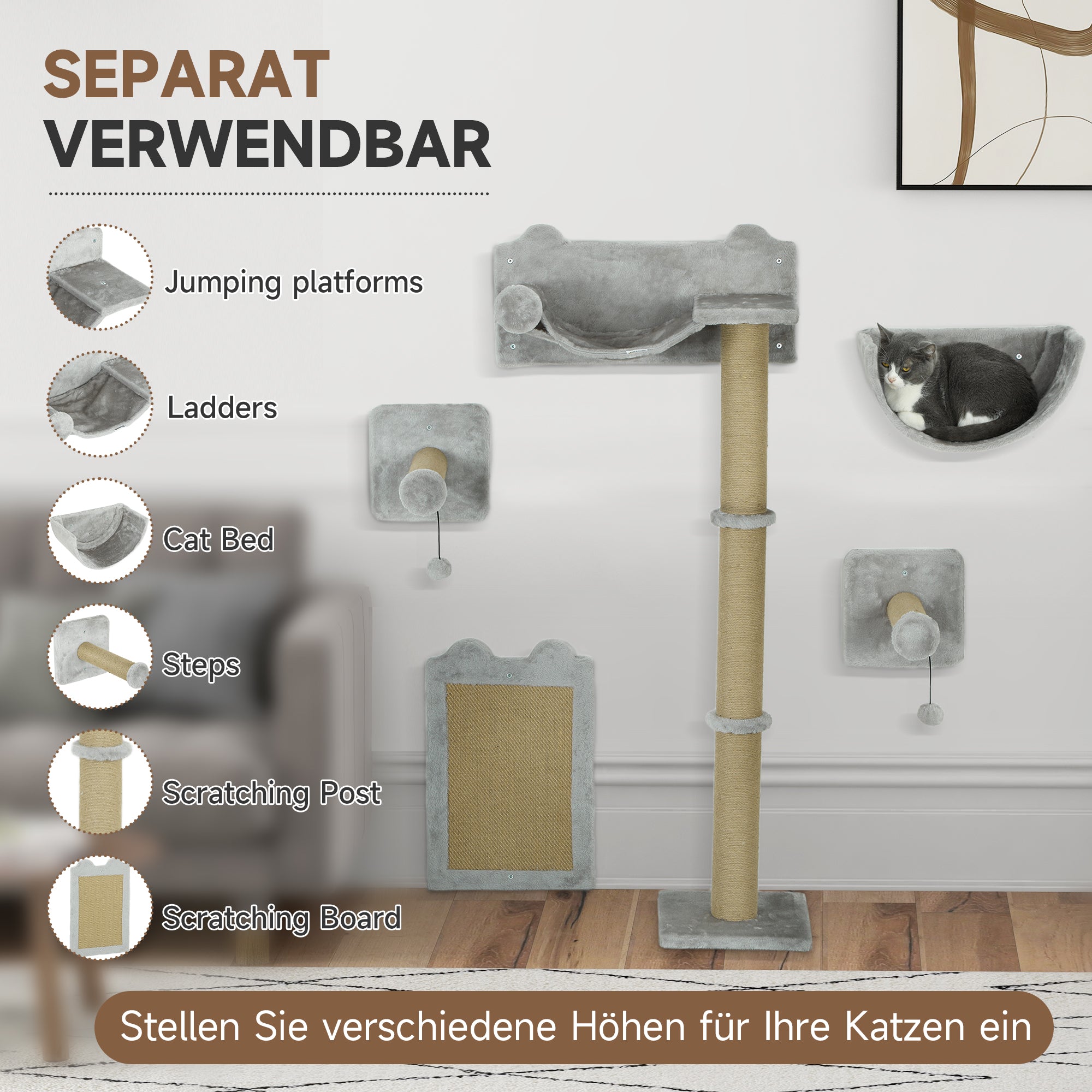 Cat Climbing Wall 5-Piece Cat Climbing Wall Set with Scratching Posts, Hammock, Jumping Platform, Wall Scratching Post, Climbing Cat Tree Cat Furniture for Cats up to 5 kg, Light Gray