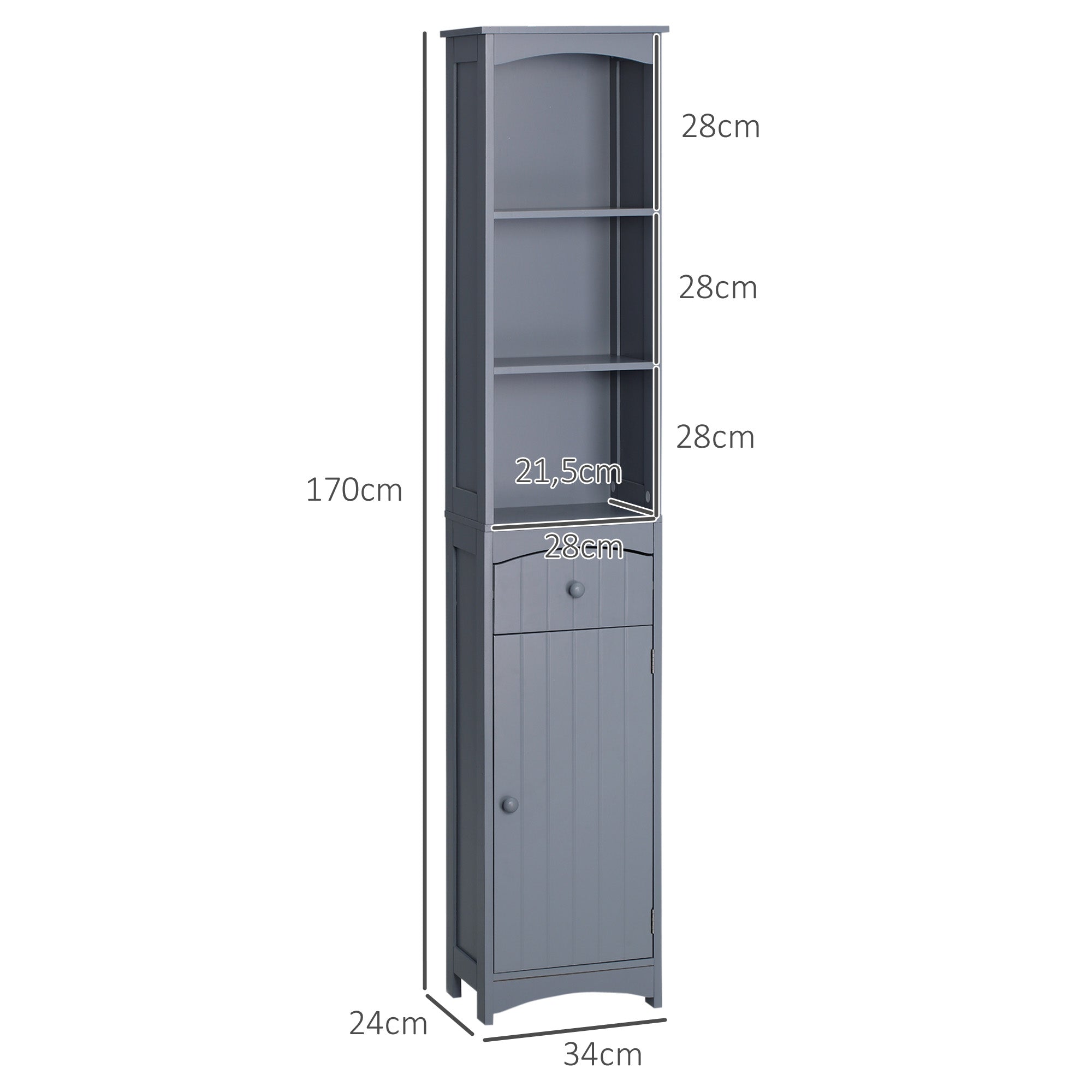 Bathroom Column Unit Bathroom storage column with shelf and drawer, cupboard 34L x 24W x 170H cm Gray