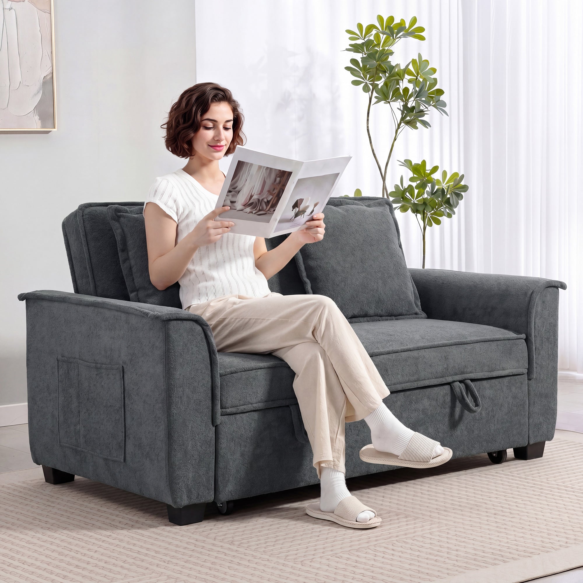 2-Seater Convertible Sofa Bed, 66" Chenille Click-Clack with Adjustable Back, Pocket Springs & Side Pocket, Grey