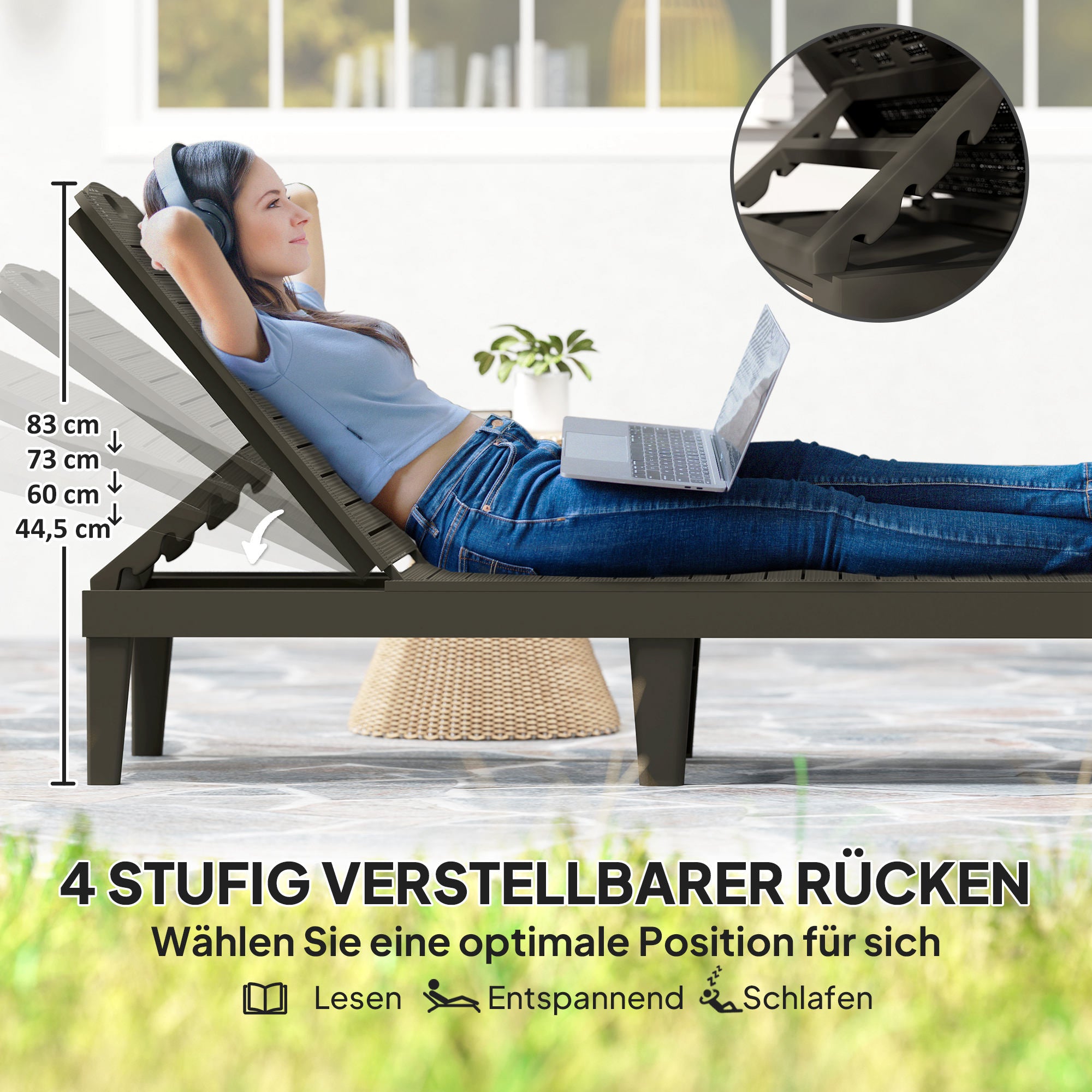 2-piece Sun Lounger Weatherproof Garden Lounger with 4-level Adjustable Backrest up to 120kg Load Capacity Outdoor Recliner Garden Furniture Sun Lounger for Pool, Beach Black