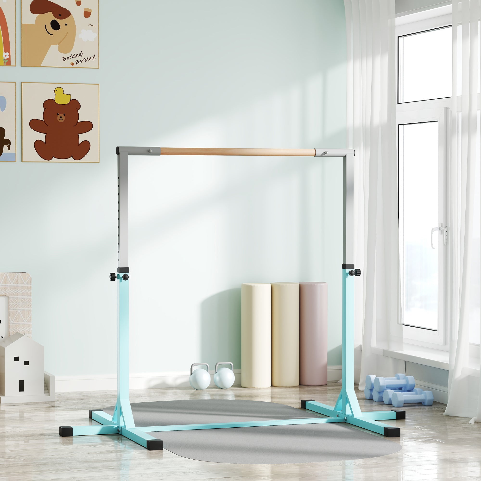 Adjustable Kids Gym Bar – 13 Heights (36–59 in), Beech Wood Bar & Steel Frame, Anti-Slip, Cyan