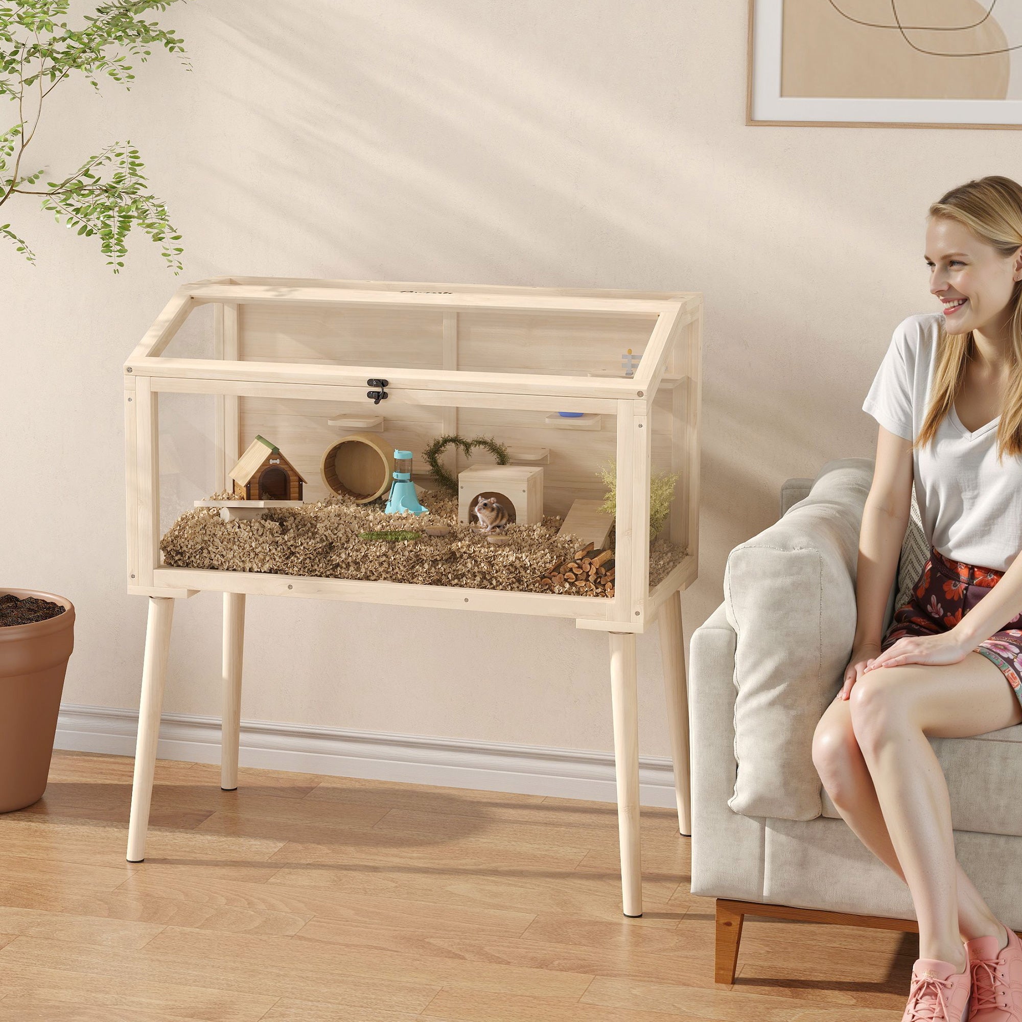Hamster Cage — Small Animal Habitat with Accessories, Water Bottle, 43.3 x 20.5 x 39.8 in (110 x 52 x 101 cm), Wood & Plastic