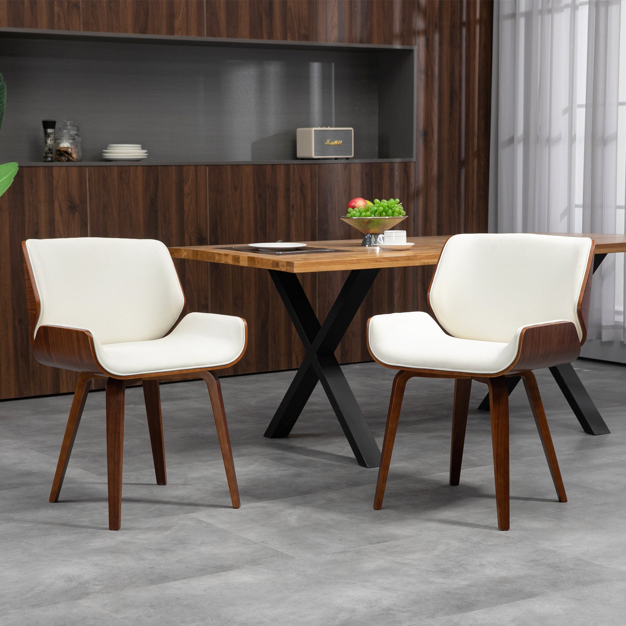 Set of 2 vintage style dining chairs with white synthetic upholstery seat and wooden legs