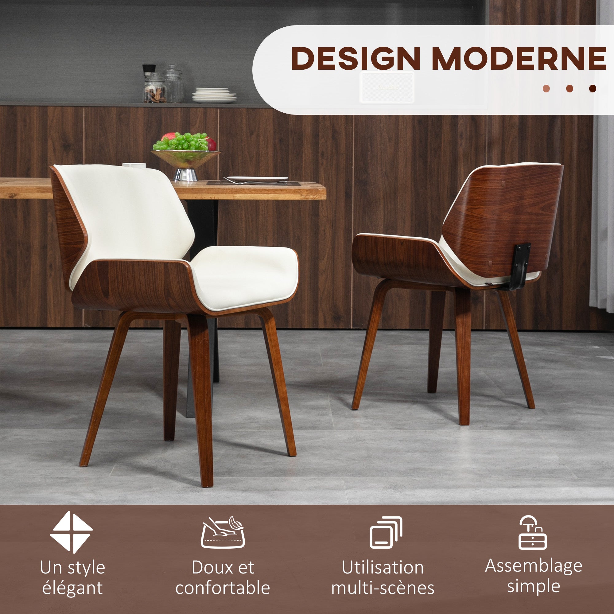 Set of 2 vintage style dining chairs with white synthetic upholstery seat and wooden legs