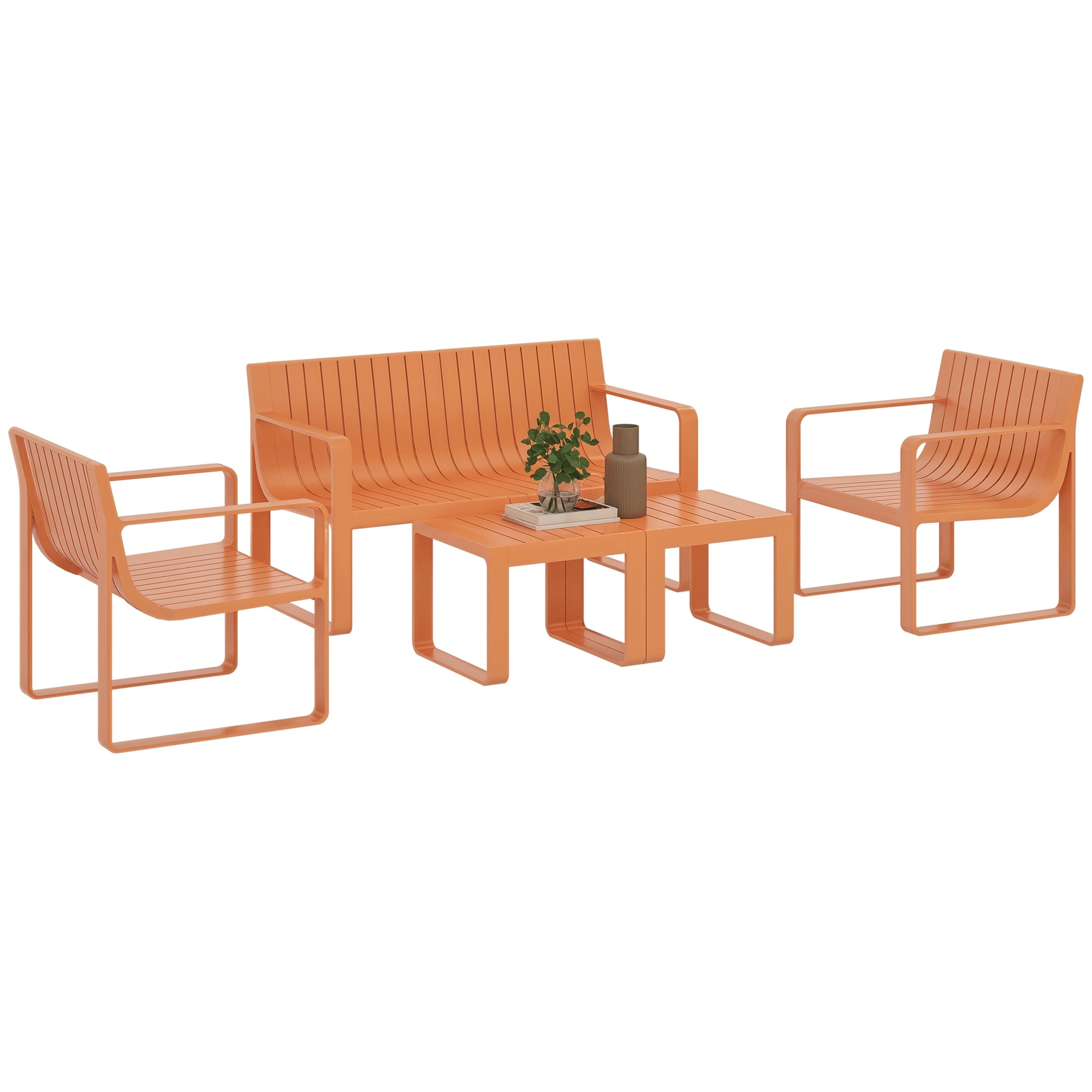 5-piece Slatted Garden Set with Loveseat, 2 Armchairs, and 2 Side Tables, Outdoor Set in Polypropylene, Waterproof and UV-Resistant, Orange