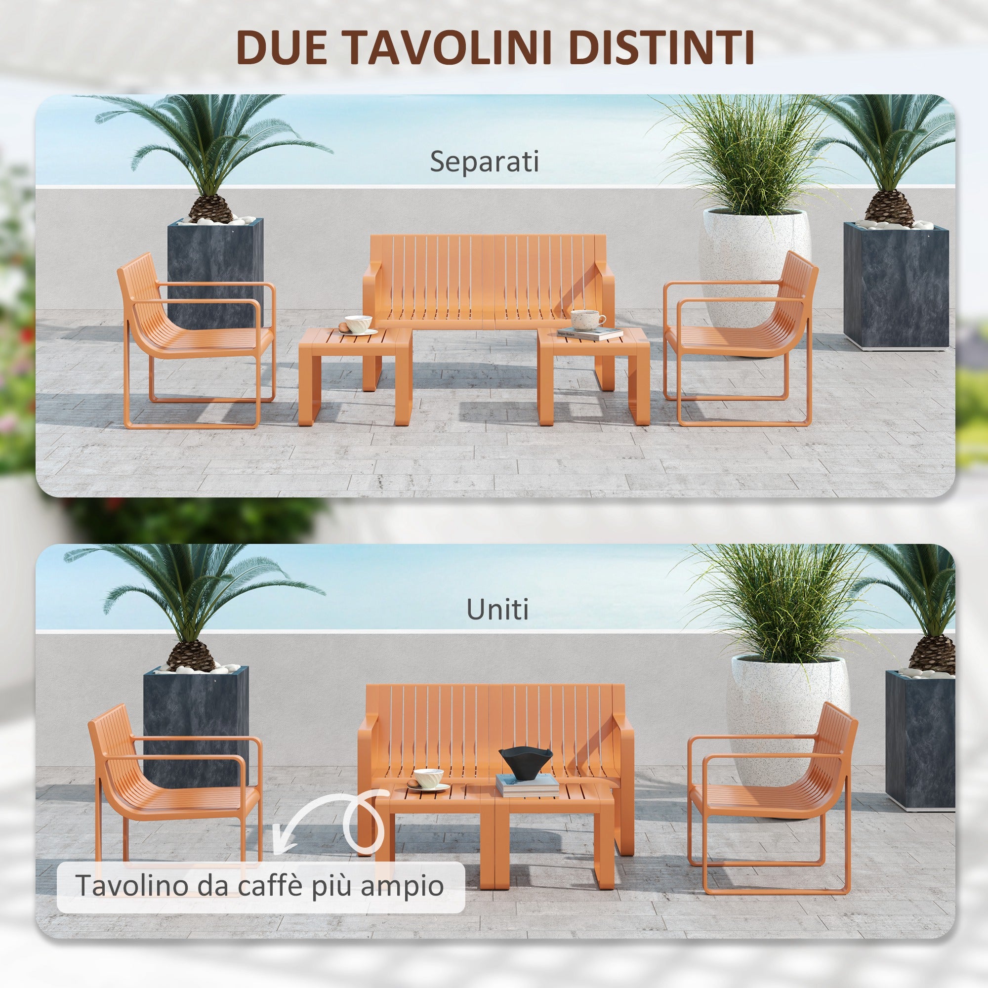 5-piece Slatted Garden Set with Loveseat, 2 Armchairs, and 2 Side Tables, Outdoor Set in Polypropylene, Waterproof and UV-Resistant, Orange
