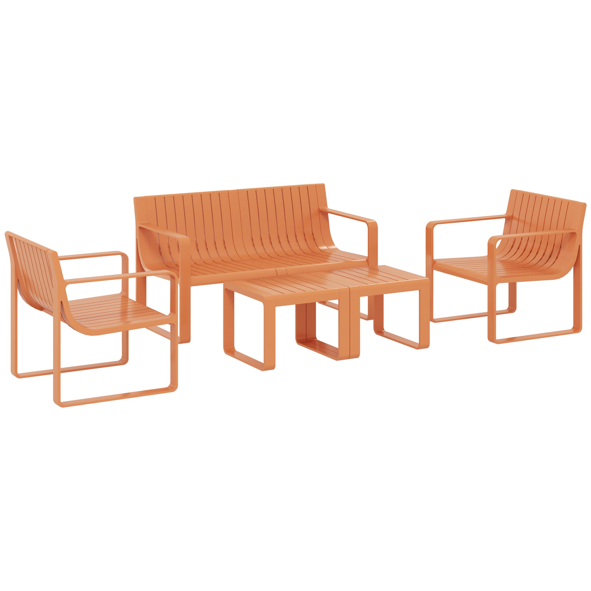 5-piece Slatted Garden Set with Loveseat, 2 Armchairs, and 2 Side Tables, Outdoor Set in Polypropylene, Waterproof and UV-Resistant, Orange
