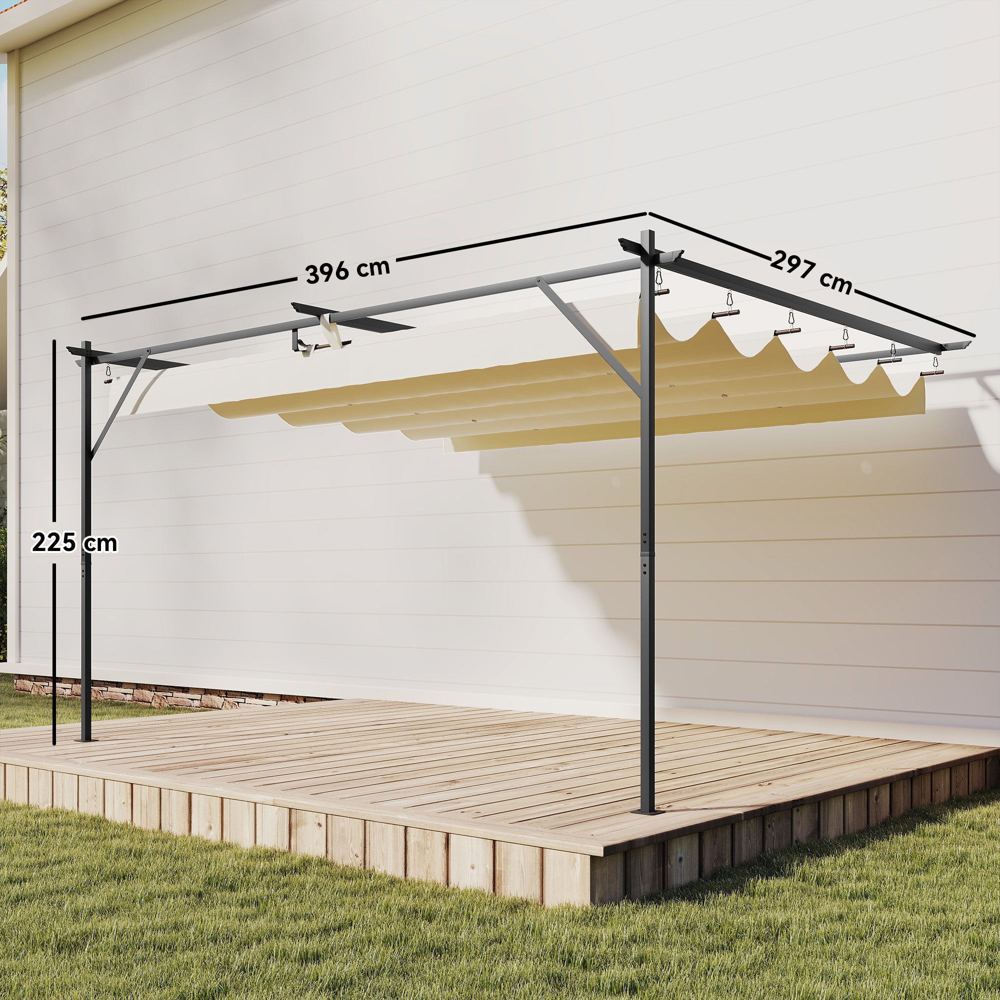 4 x 3 m (approx. 13 x 9.8 ft) Wall-Mounted Garden Pergola with Retractable Roof, UPF30+ Protection, Drainage Holes & Metal Frame — Cream