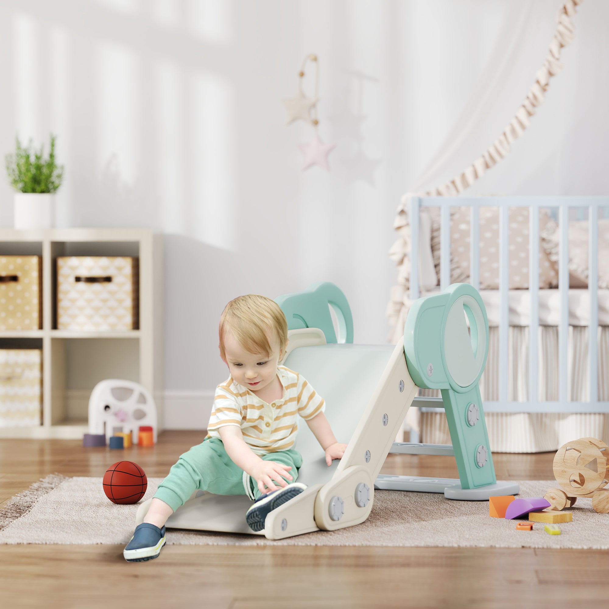 Kids Slide, Foldable Toddler Slide, Slide for Children 1.5 to 3 Years, Garden Slide for Indoor, Outdoor, Green, White, 120 x 53 x 53 cm