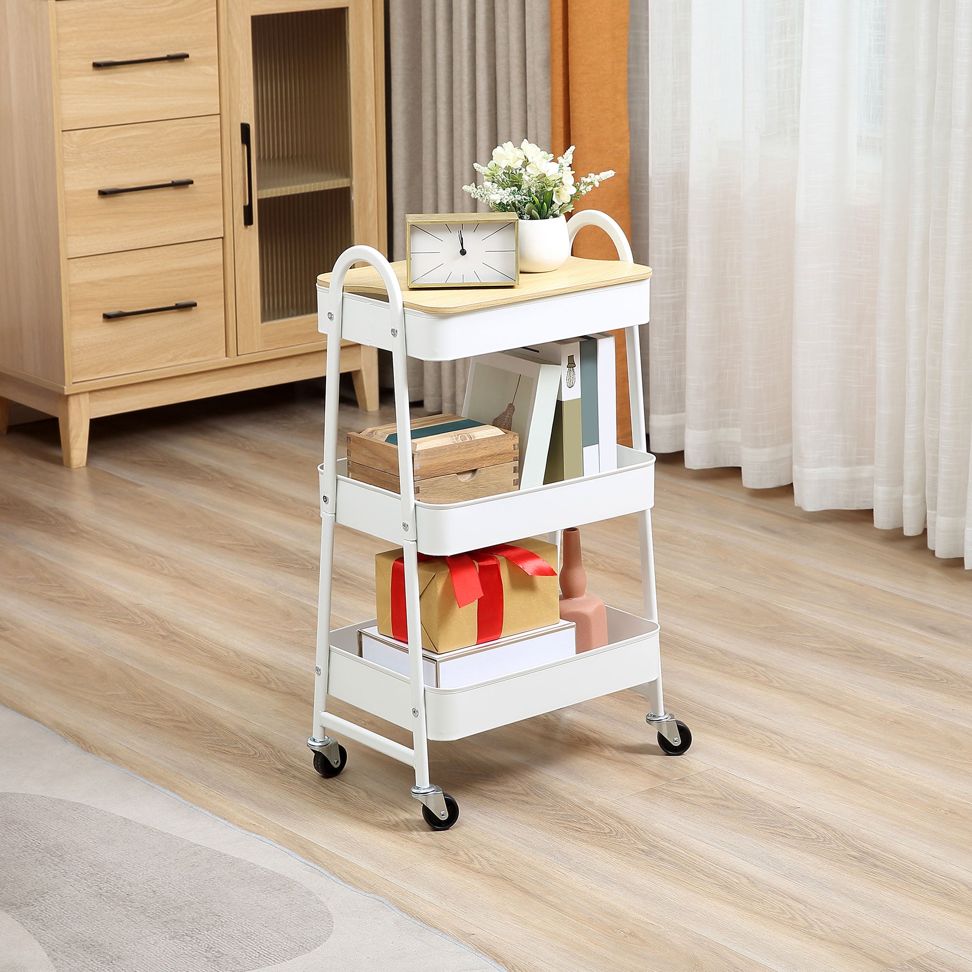 Serving Cart with 3 Levels Kitchen Trolley with Wheels Kitchen Shelf with Basket and Lid Rolling Cart Utility Cart for Kitchen Office Bathroom, White