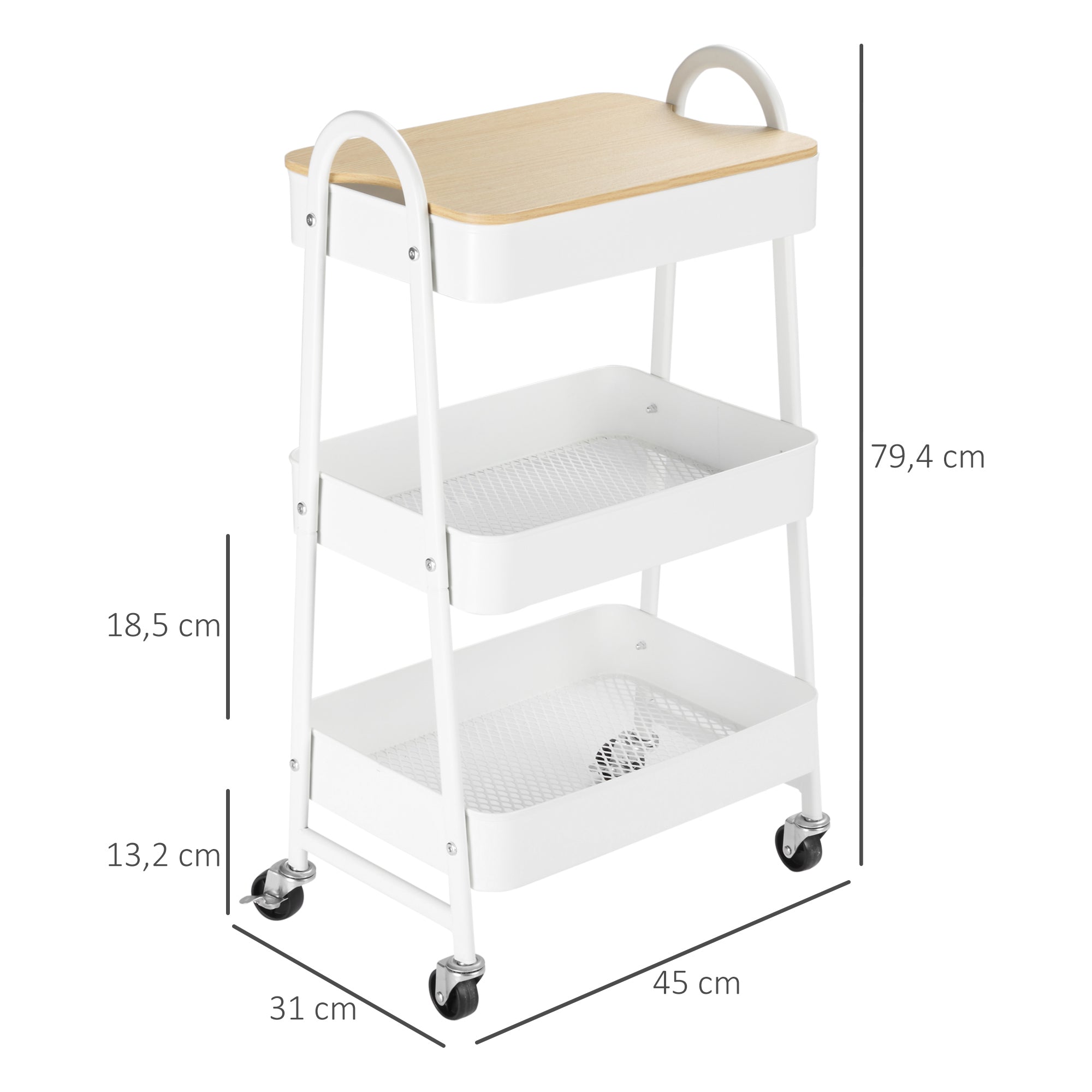 Serving Cart with 3 Levels Kitchen Trolley with Wheels Kitchen Shelf with Basket and Lid Rolling Cart Utility Cart for Kitchen Office Bathroom, White