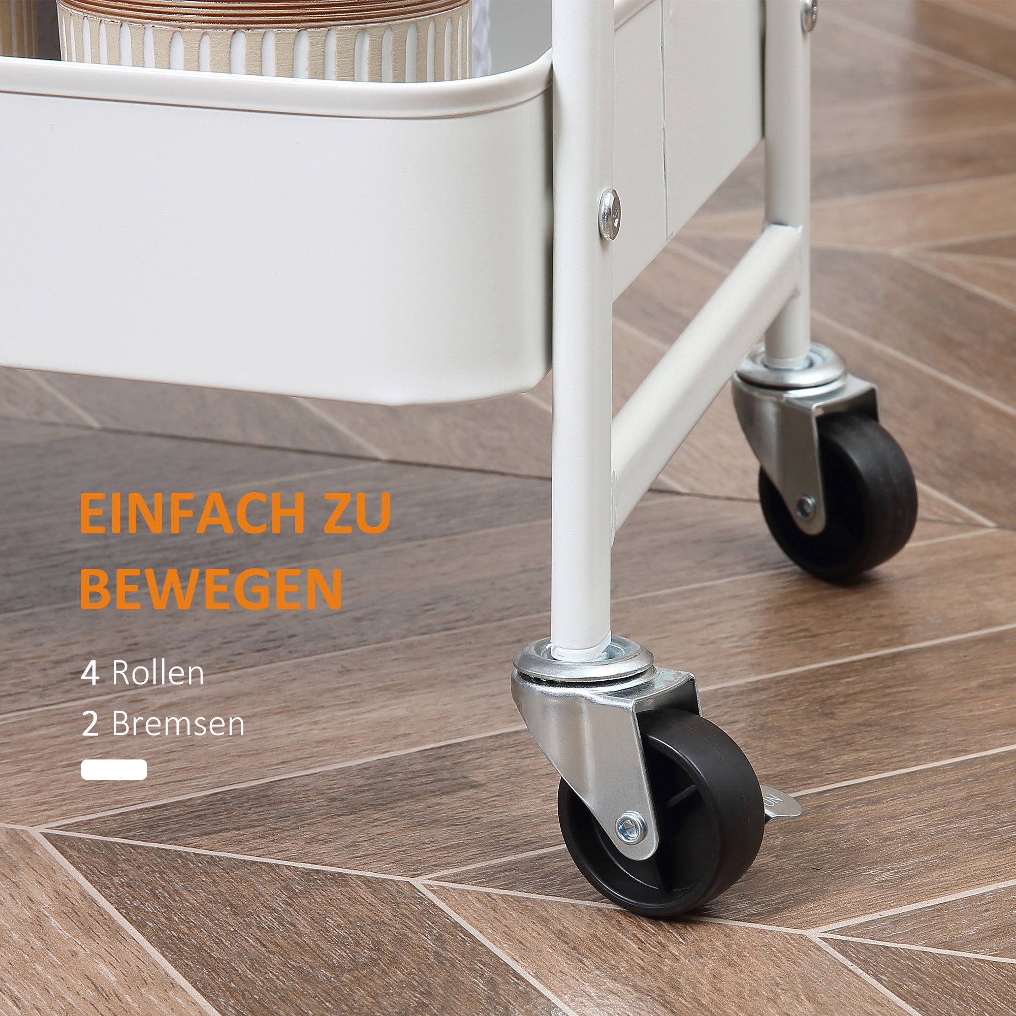 Serving Cart with 3 Levels Kitchen Trolley with Wheels Kitchen Shelf with Basket and Lid Rolling Cart Utility Cart for Kitchen Office Bathroom, White