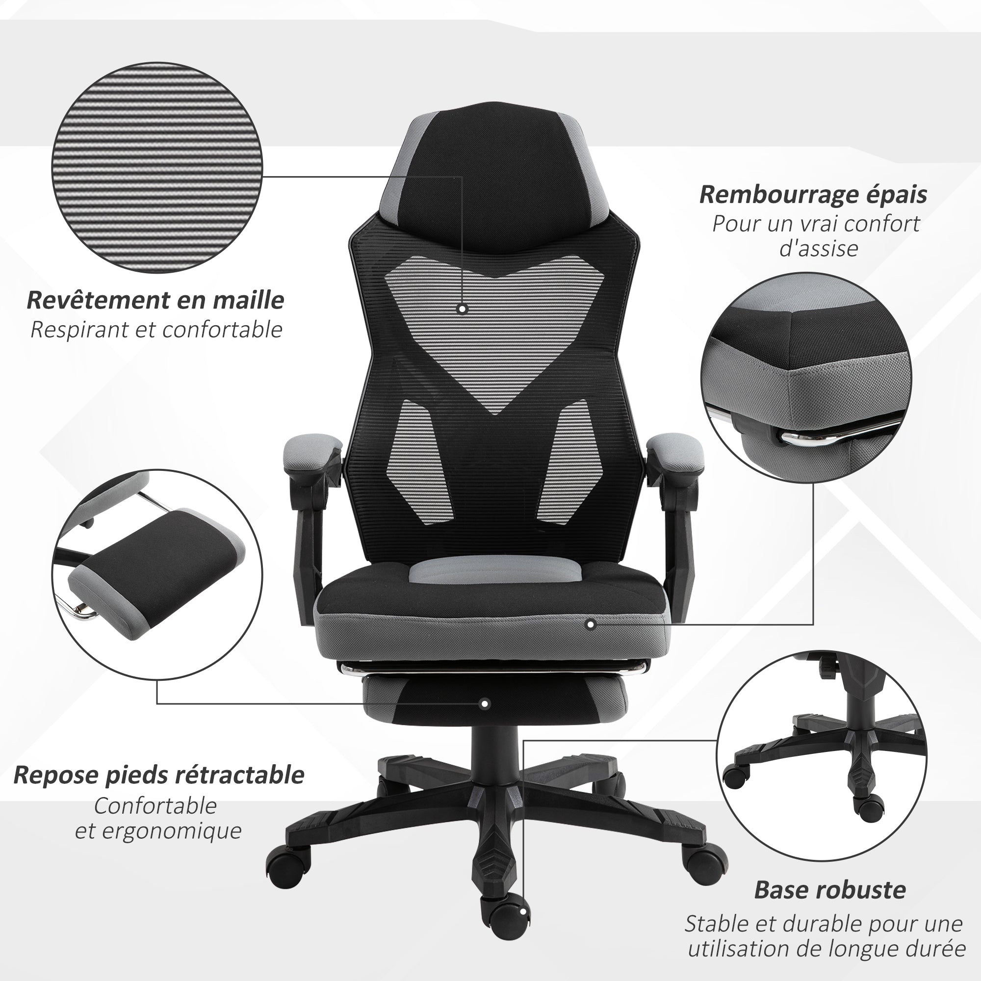 Office Chair Gaming Chair Adjustable Height Swivel Casters Footrest Mesh Fabric 58L x 63W x 112-122H cm Gray Black