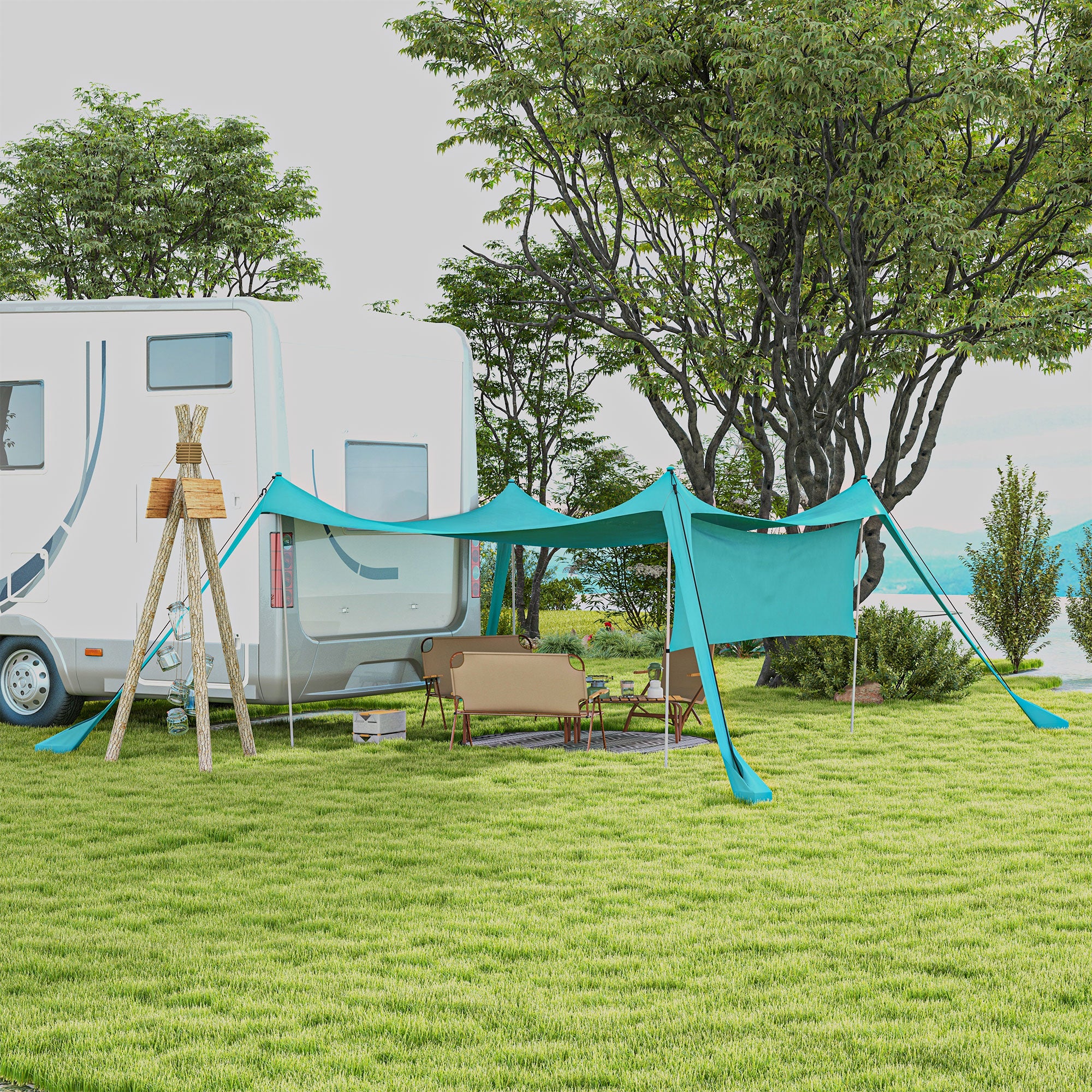 Sunshade Sail Sun Sail Waterproof Weather Protection with Steel Poles, Shovel, Carry Bag, for Camping, Travel, Picnics 3 x 3 x 2 m, Sky Blue