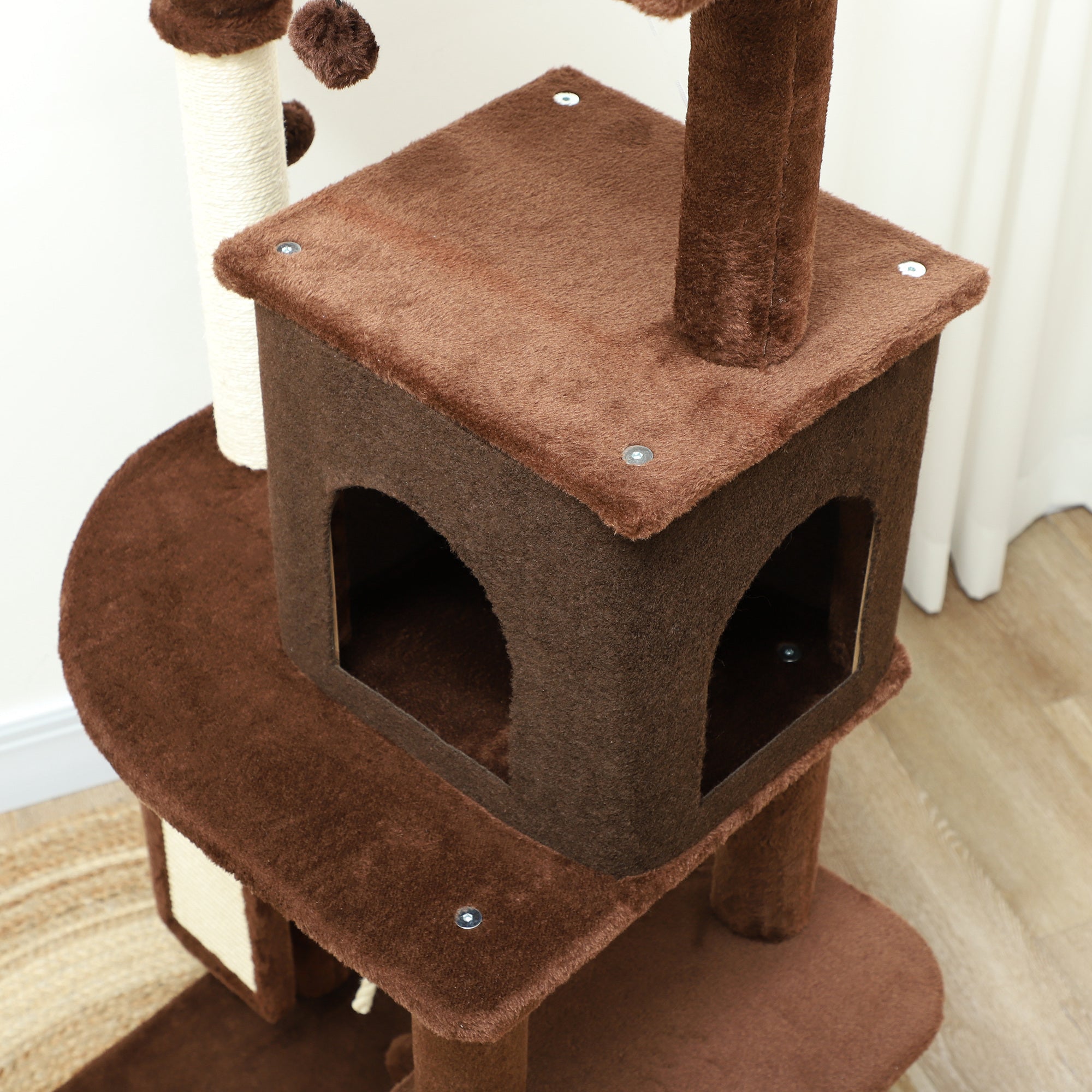Cat Scratching Tree Height 132 cm Cat Tree Cat Tower with Platforms Post with Brush Hanging Balls and Scratching Pad Brown