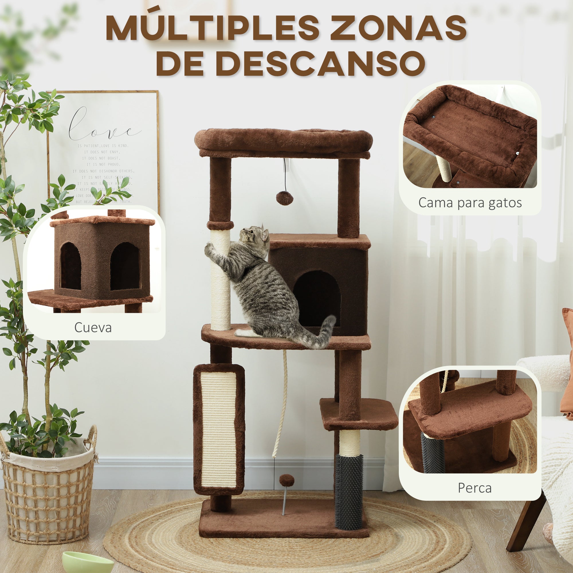Cat Scratching Tree Height 132 cm Cat Tree Cat Tower with Platforms Post with Brush Hanging Balls and Scratching Pad Brown