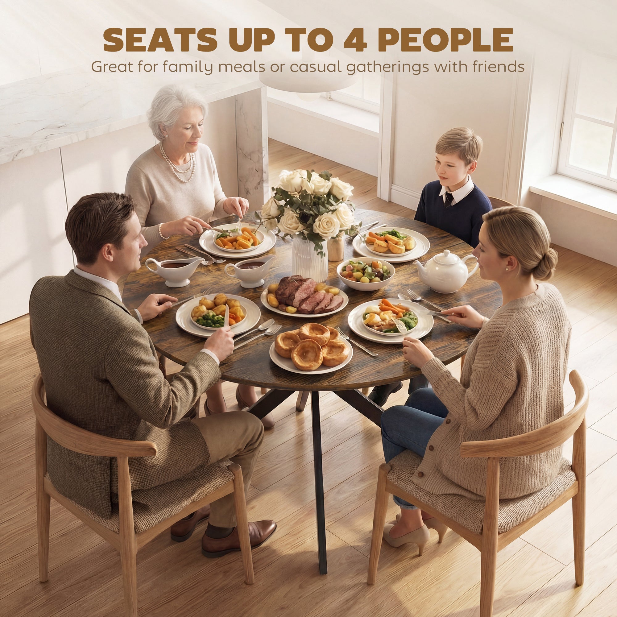 Round Dining Table for 4, Ø120 cm (47.2") Industrial Style with Steel X-Legs, Rustic Brown