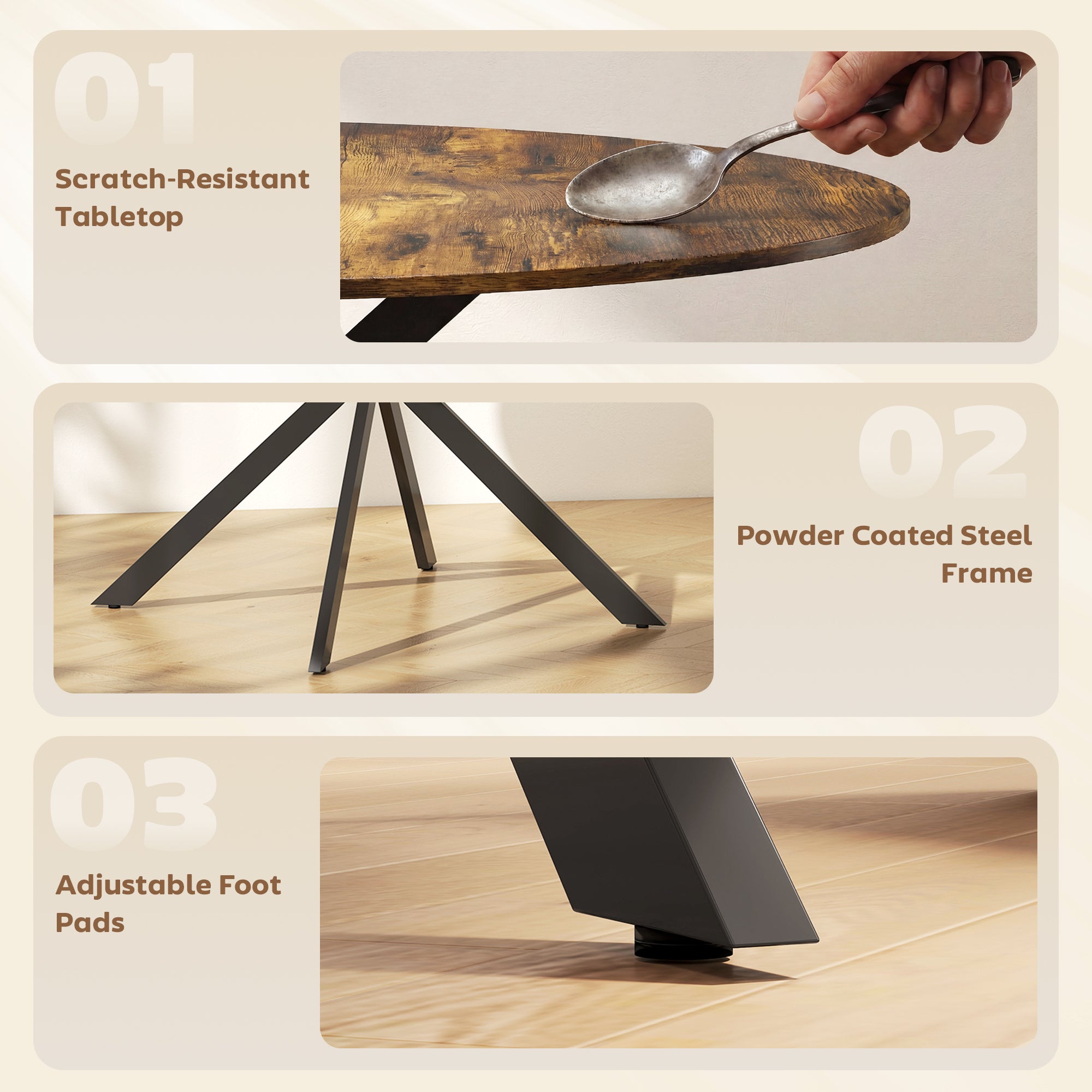 Round Dining Table for 4, Ø120 cm (47.2") Industrial Style with Steel X-Legs, Rustic Brown