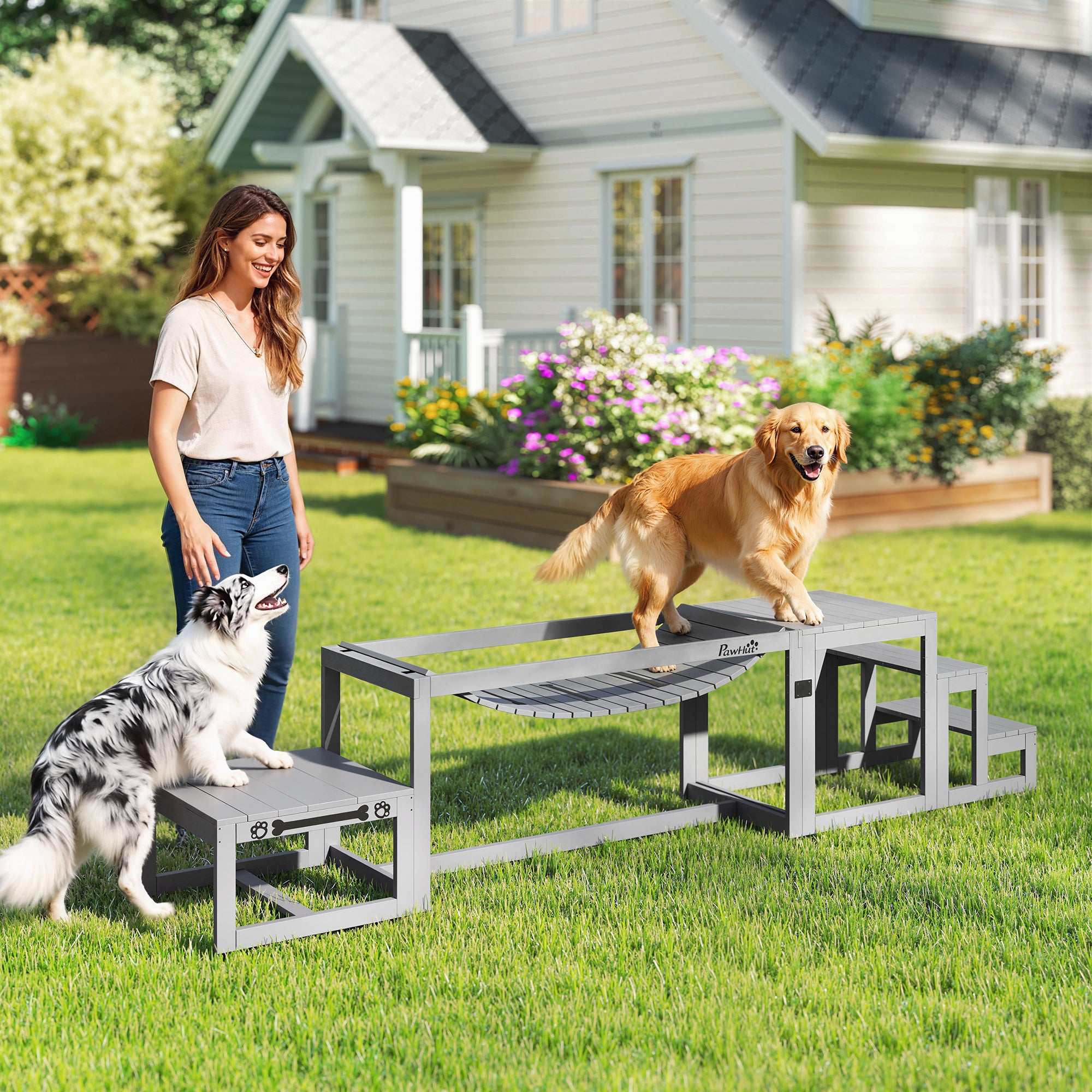 3-Piece Dog Agility Set — Spruce Wood Bridge, Ladder & Platform for Medium to Large Dogs up to 40 kg (88 lb), Gray