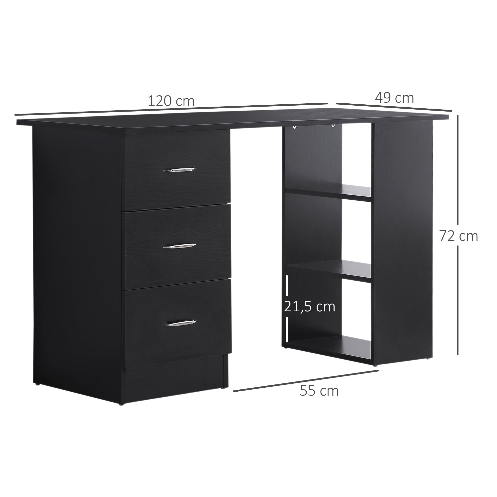 Desk with Storage, Computer Table 120 x 50 cm, Computer Desk with Shelves and Drawers, for Small Spaces, Bedroom, Black