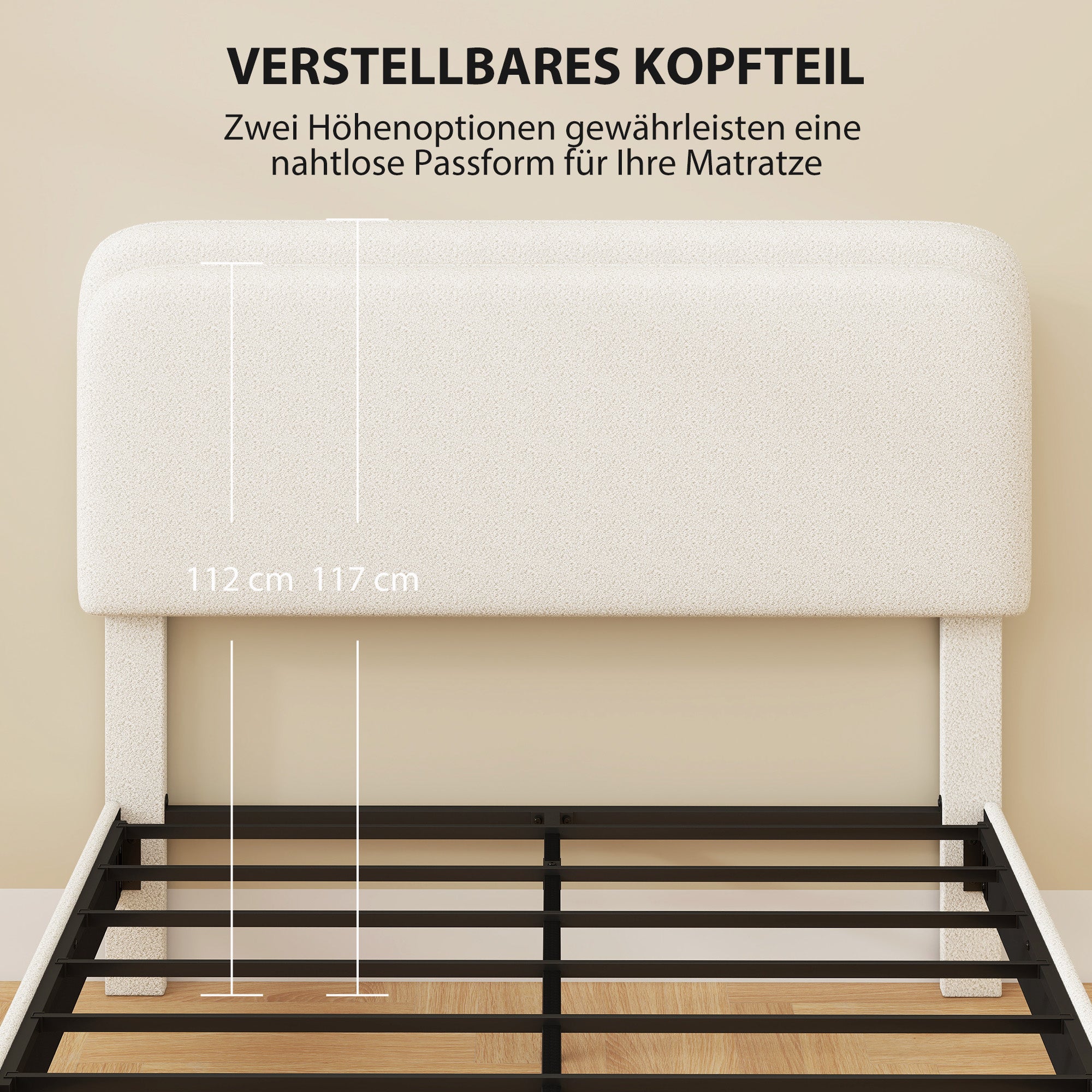 Upholstered Platform Bed 140 x 200 cm (55 x 79 in) with Adjustable Padded Teddy-Fleece Headboard — Metal Frame, White
