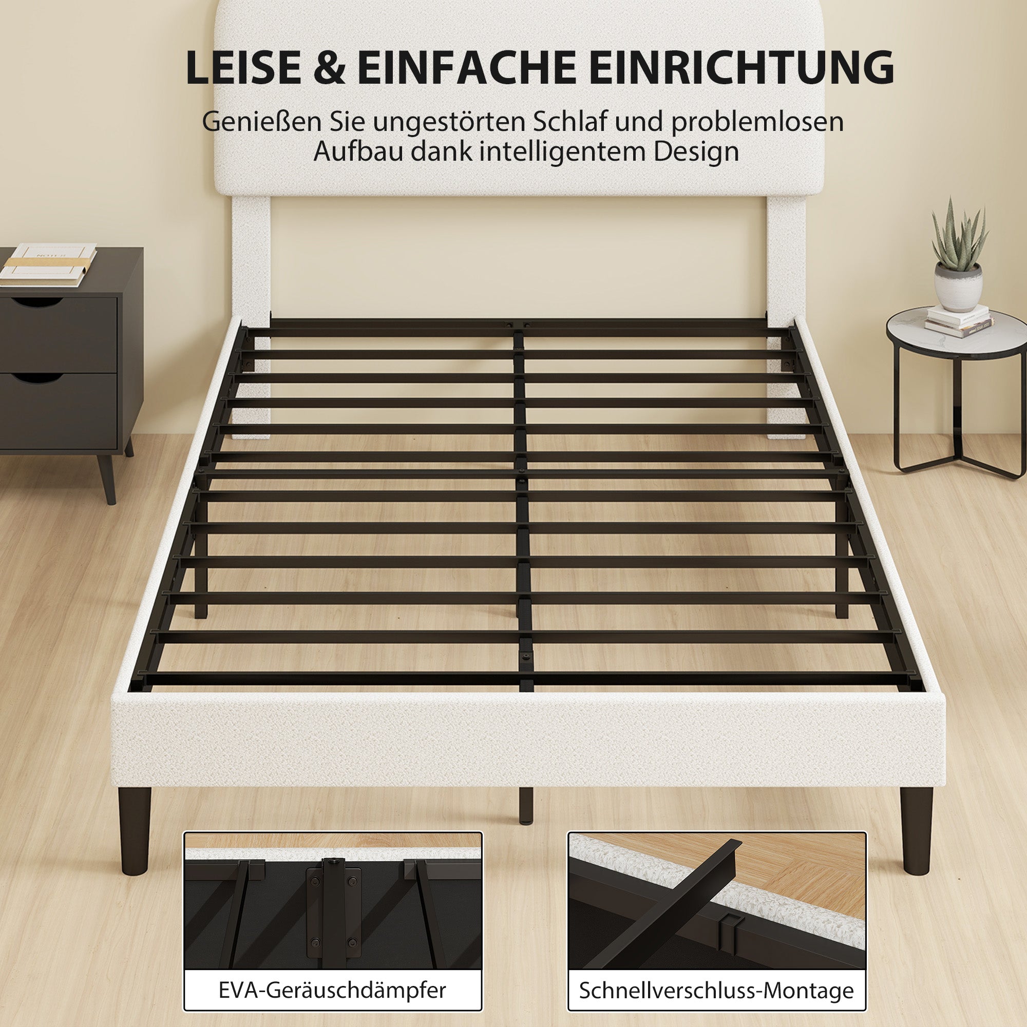 Upholstered Platform Bed 140 x 200 cm (55 x 79 in) with Adjustable Padded Teddy-Fleece Headboard — Metal Frame, White