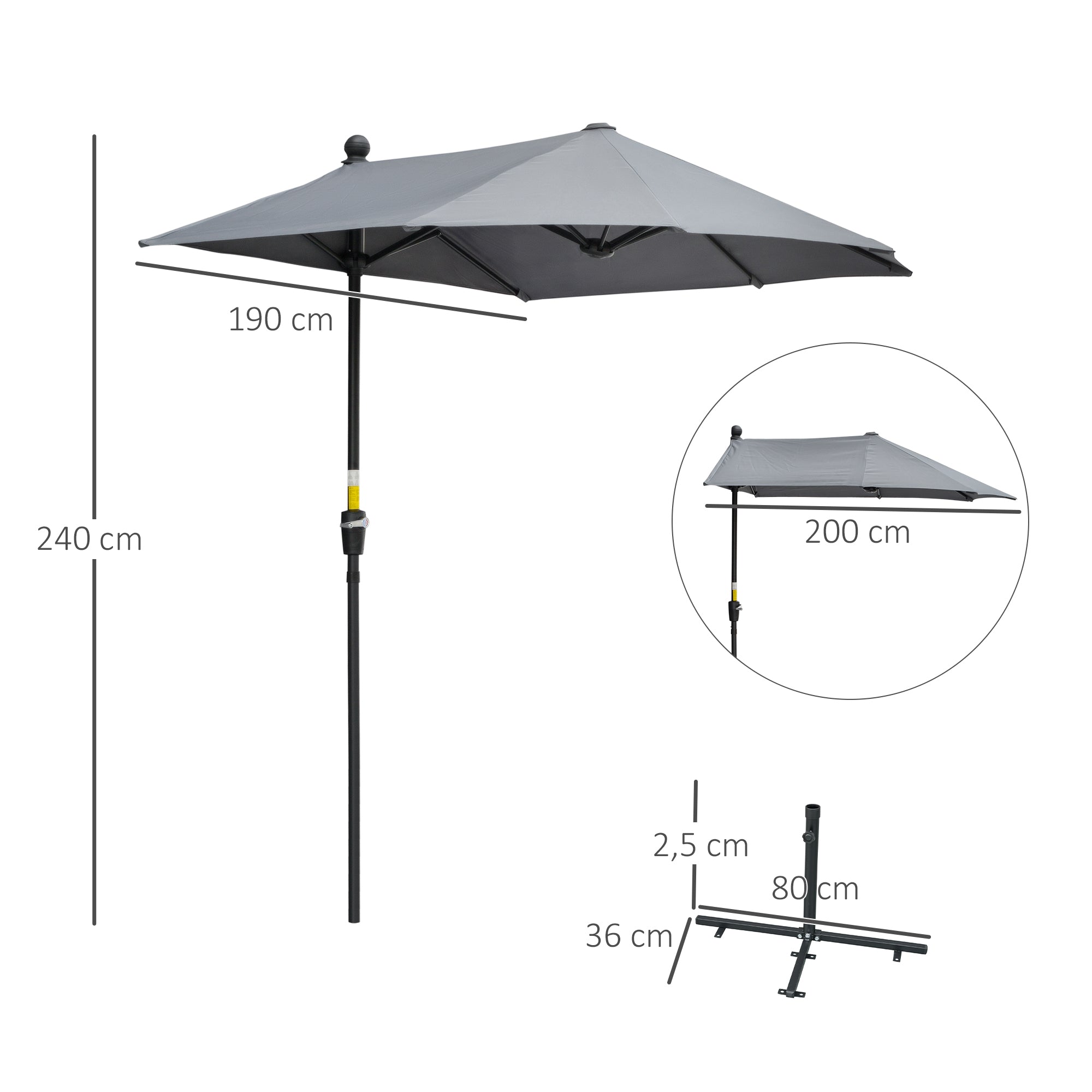 2 x 2 m Half-Round Sun Umbrella Balcony Umbrella with Bracket water-repellent for Gardens Terraces Yards 100% Polyester Dark Gray