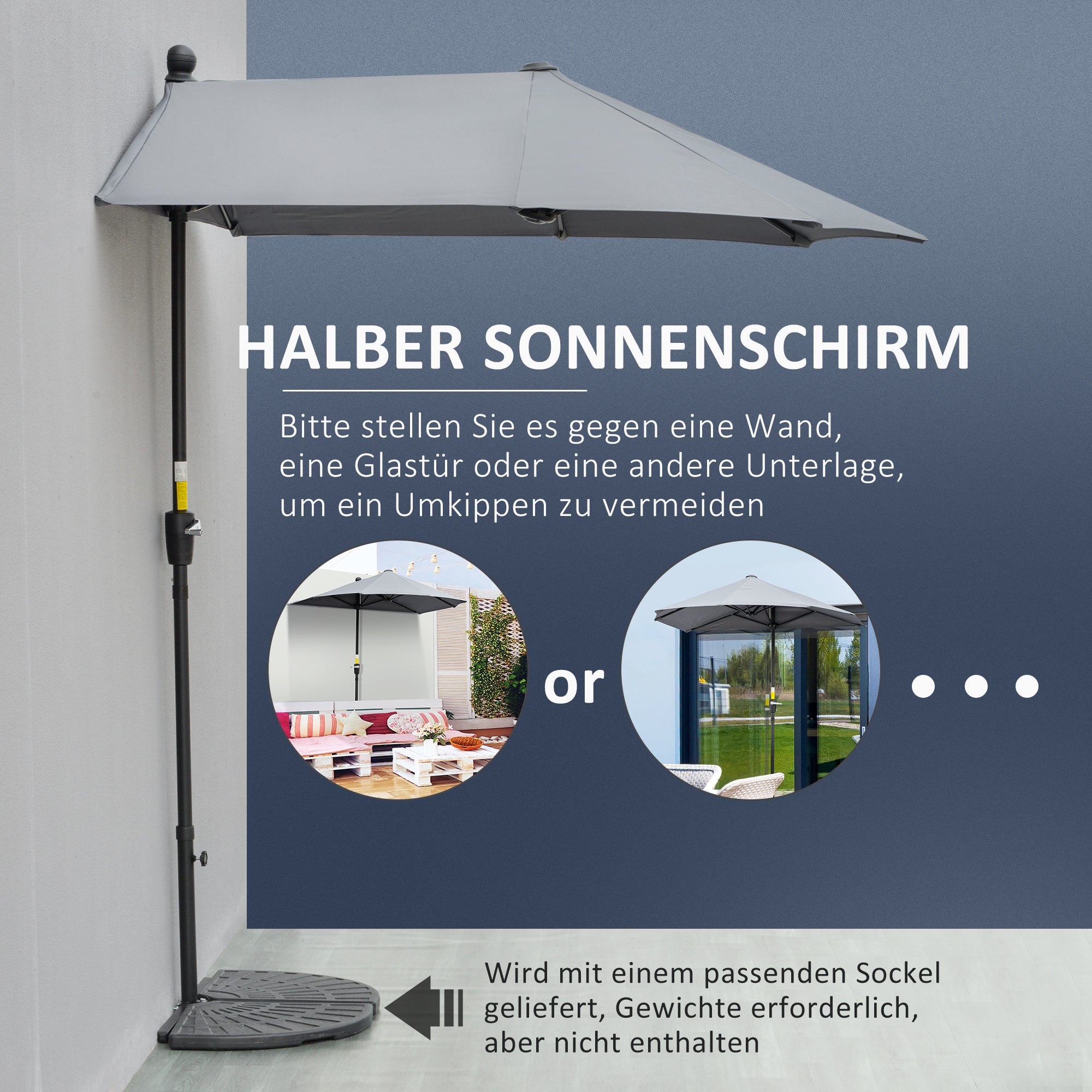 2 x 2 m Half-Round Sun Umbrella Balcony Umbrella with Bracket water-repellent for Gardens Terraces Yards 100% Polyester Dark Gray