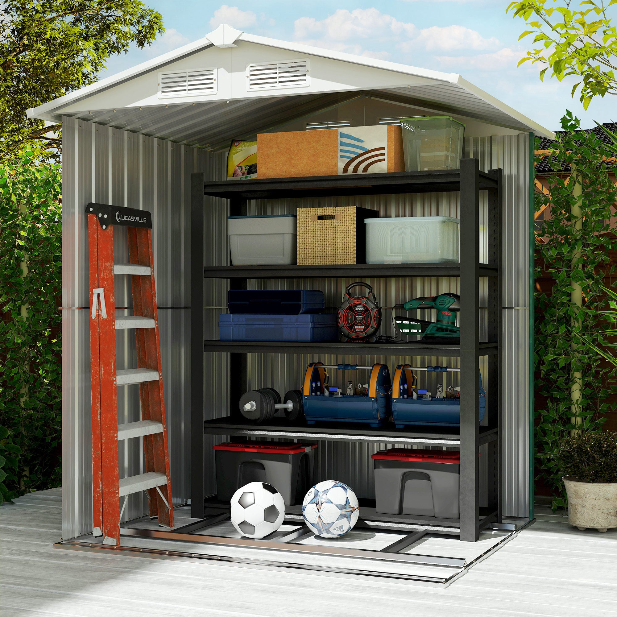 1.7m² Garden Shed in Galvanized Steel with 4 Air Vents, Tool Shed with Sloping Roof, Sliding Door, 152x132x188 cm, Green