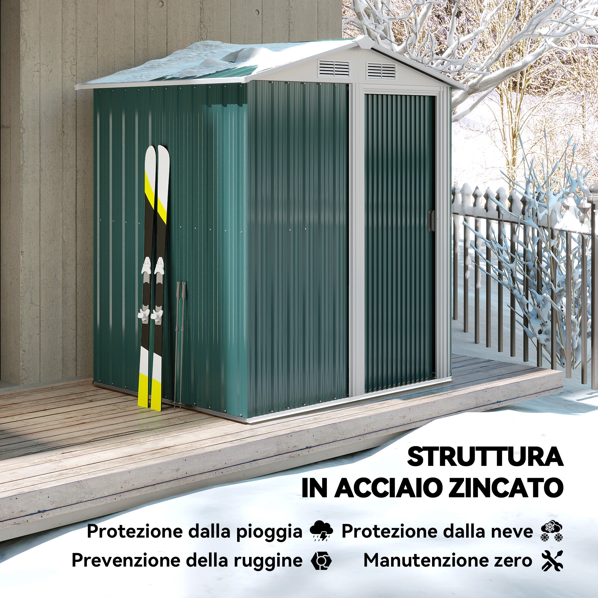 1.7m² Garden Shed in Galvanized Steel with 4 Air Vents, Tool Shed with Sloping Roof, Sliding Door, 152x132x188 cm, Green