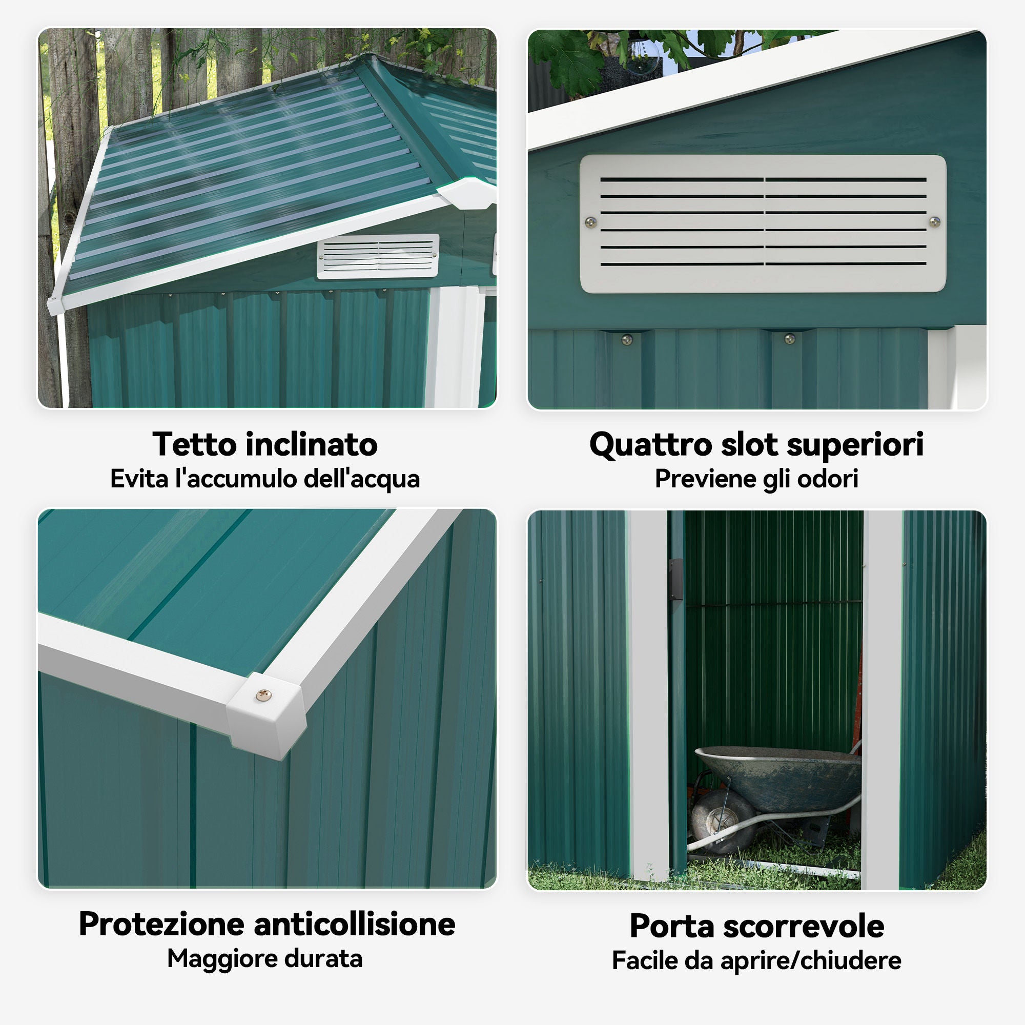 1.7m² Garden Shed in Galvanized Steel with 4 Air Vents, Tool Shed with Sloping Roof, Sliding Door, 152x132x188 cm, Green