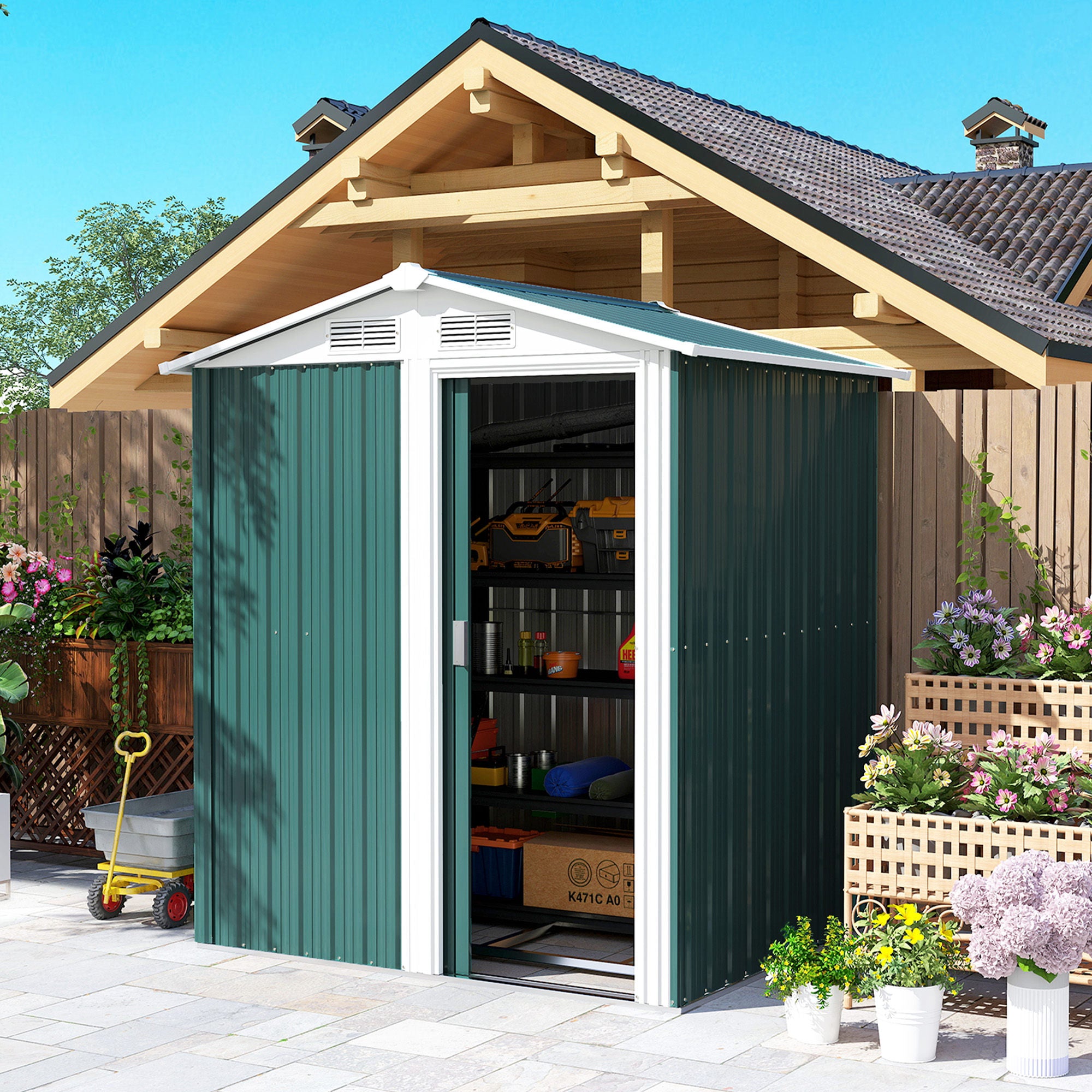 1.7m² Garden Shed in Galvanized Steel with 4 Air Vents, Tool Shed with Sloping Roof, Sliding Door, 152x132x188 cm, Green