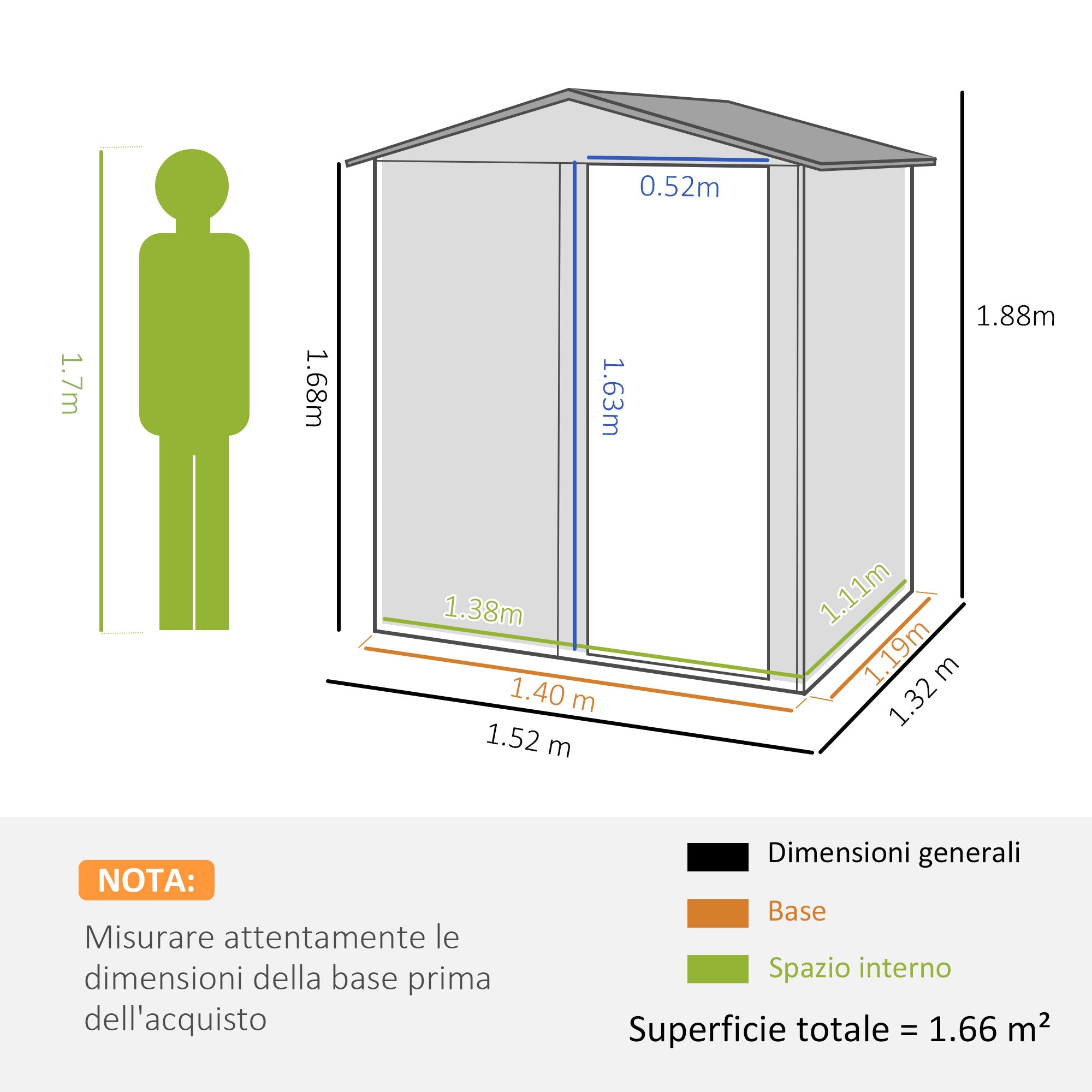 1.7m² Garden Shed in Galvanized Steel with 4 Air Vents, Tool Shed with Sloping Roof, Sliding Door, 152x132x188 cm, Green